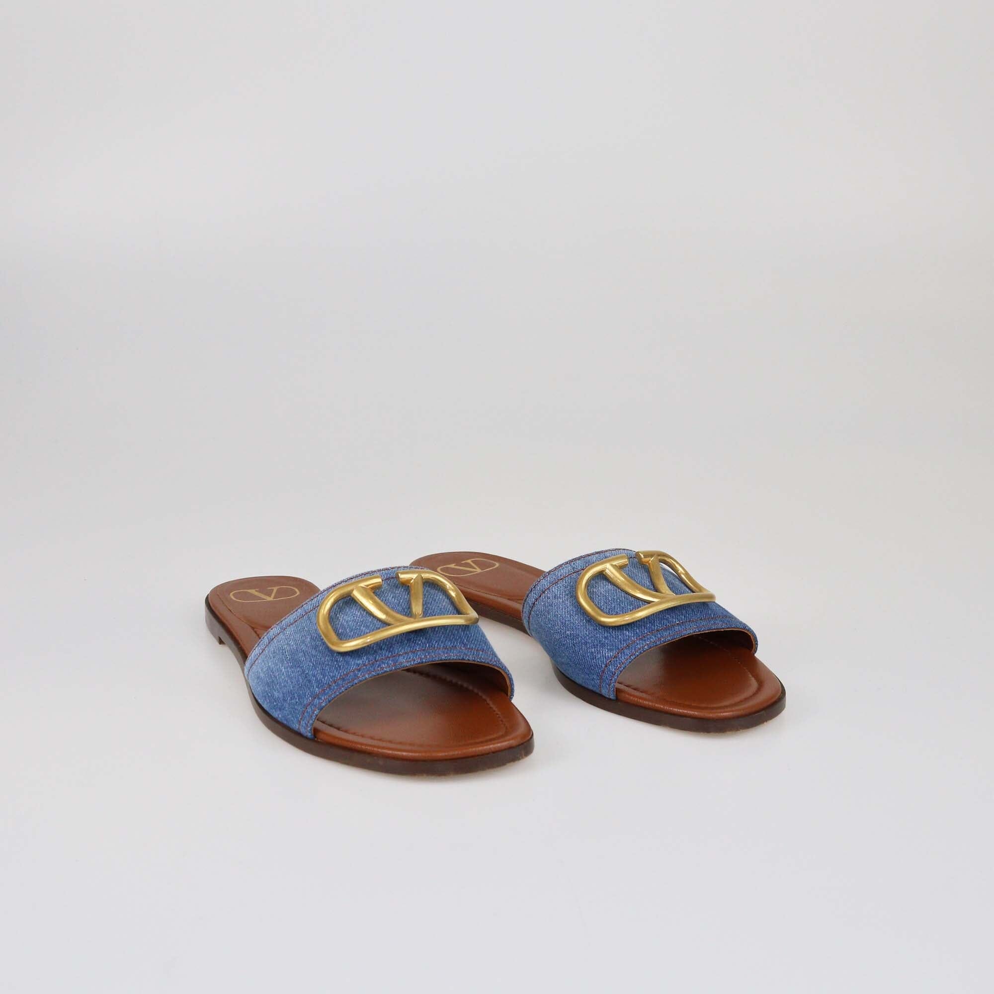 Valentino Blue/Brown Denim VLogo Signature Flat Slides Womens Valentino 