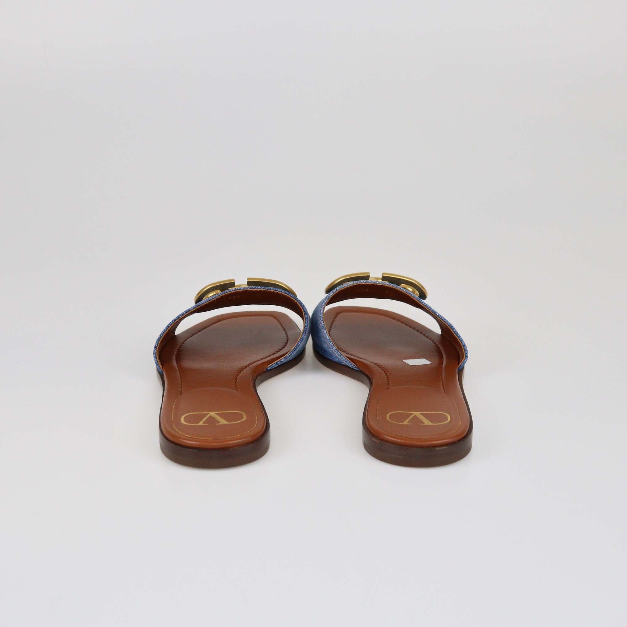 Valentino Blue/Brown Denim VLogo Signature Flat Slides Womens Valentino 