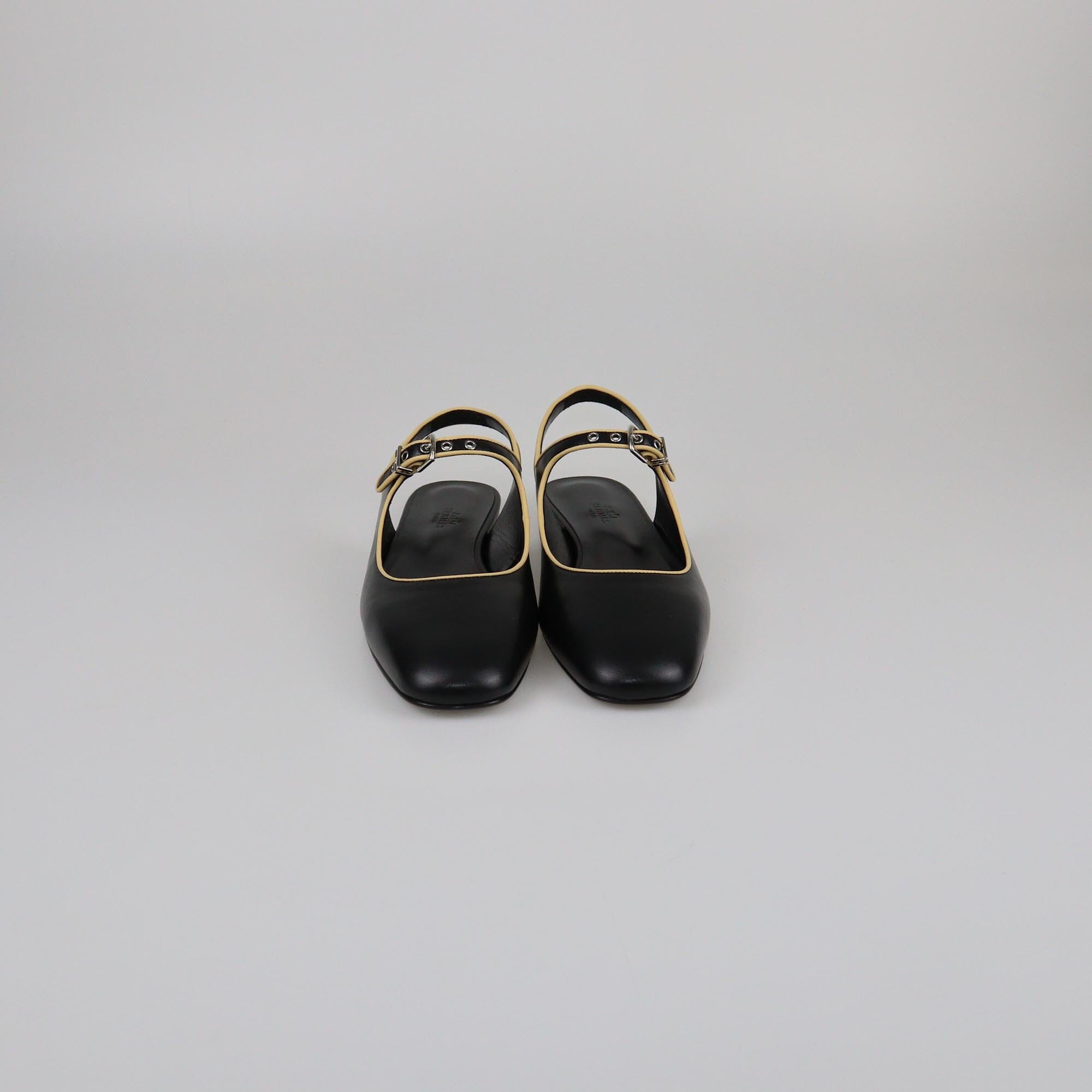 Hermes Noir/Jaune Malawi Kleo Slingback Flat Sandals Womens Hermes 