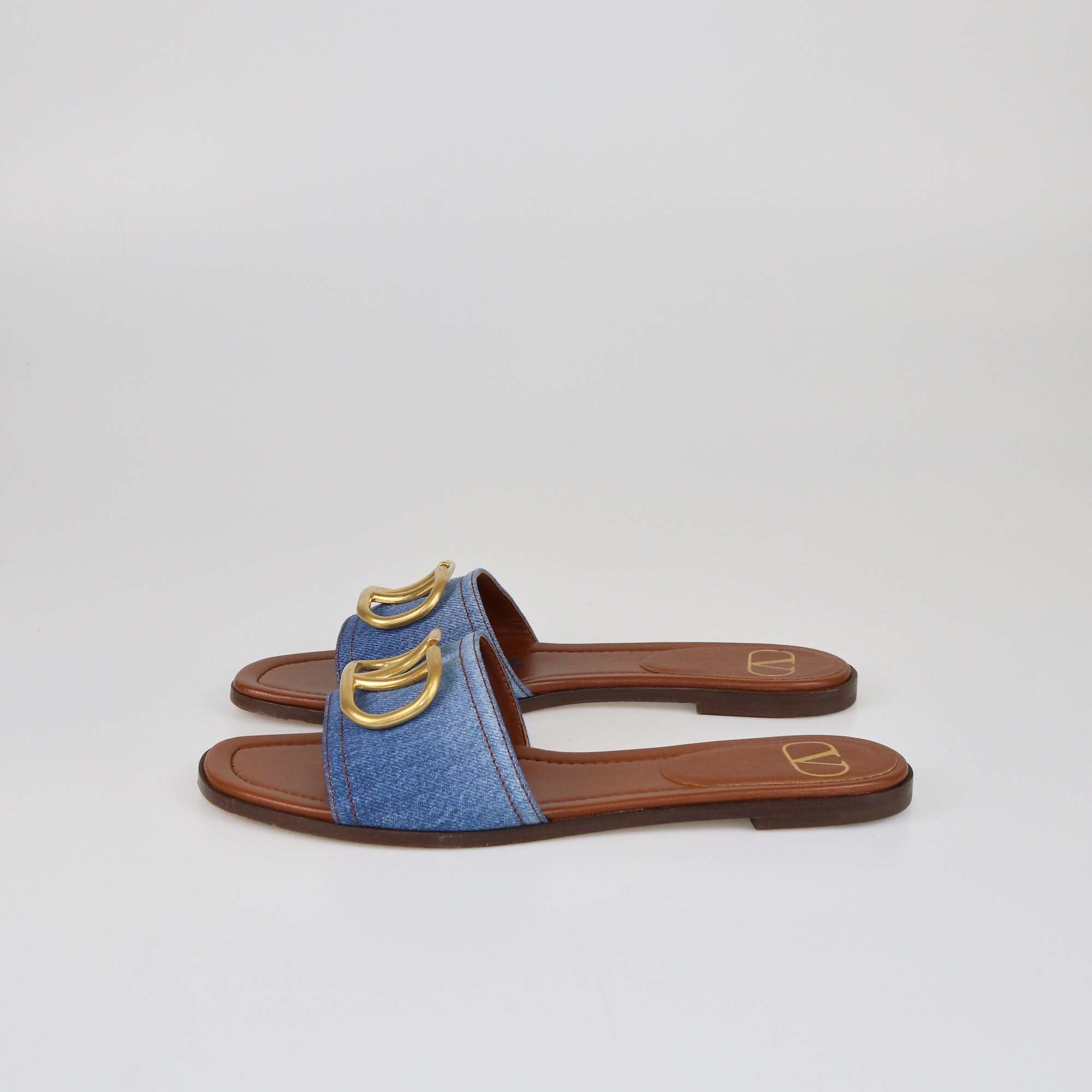 Valentino Blue/Brown Denim VLogo Signature Flat Slides Womens Valentino 