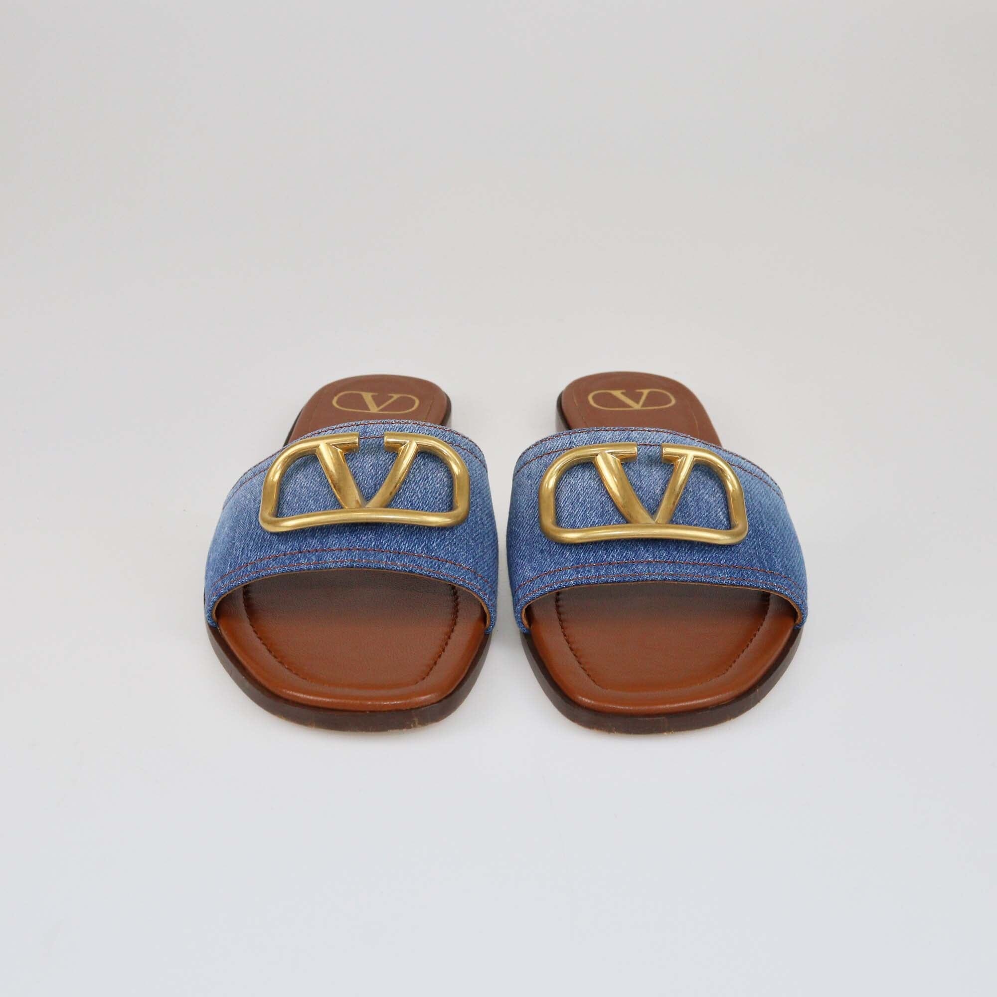 Valentino Blue/Brown Denim VLogo Signature Flat Slides Womens Valentino 