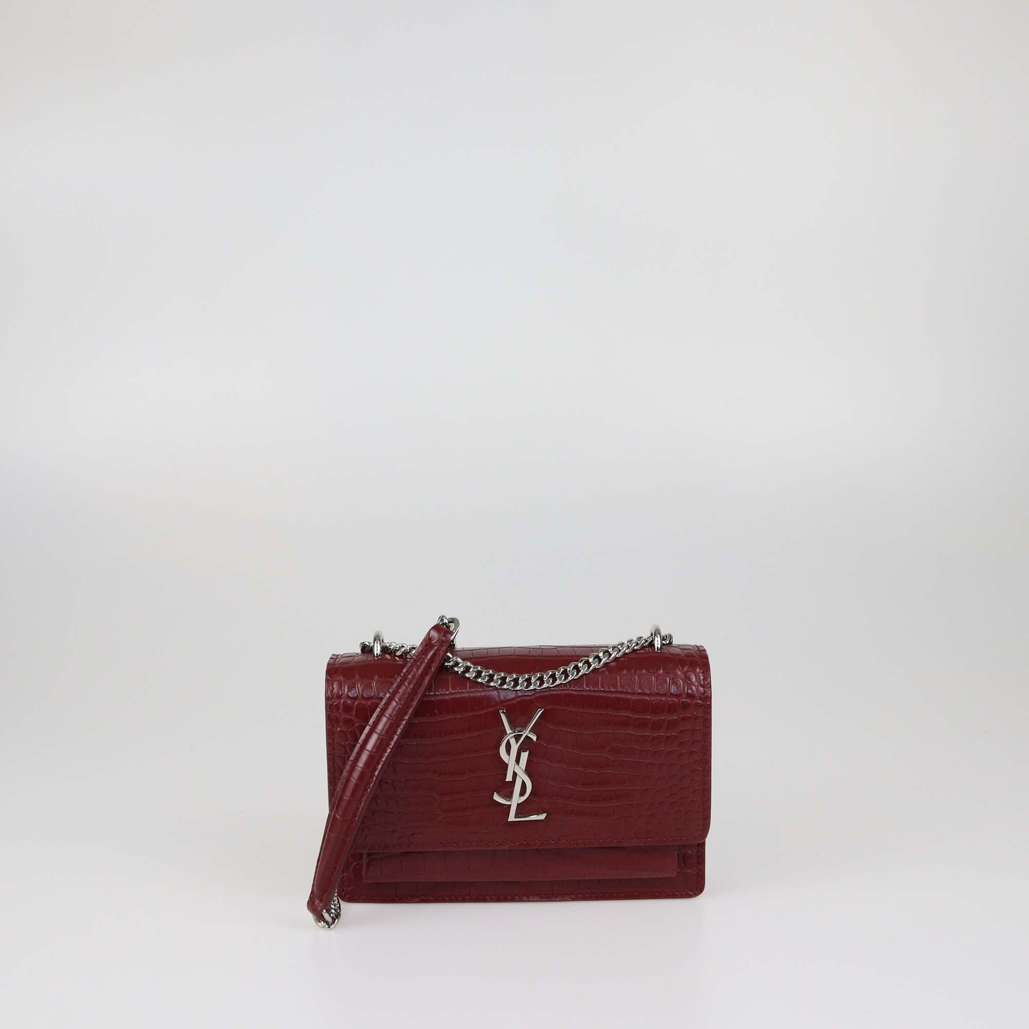 Saint Laurent Burgundy Croc Embossed Leather Mini Sunset Chain Bag