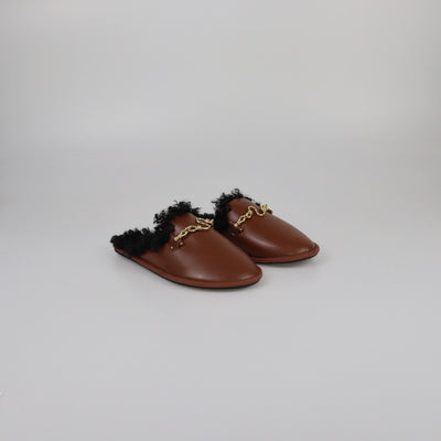 Stella McCartney Brown Teddy-Trimmed Chain Detail Flat Mules Womens Stella McCartney 
