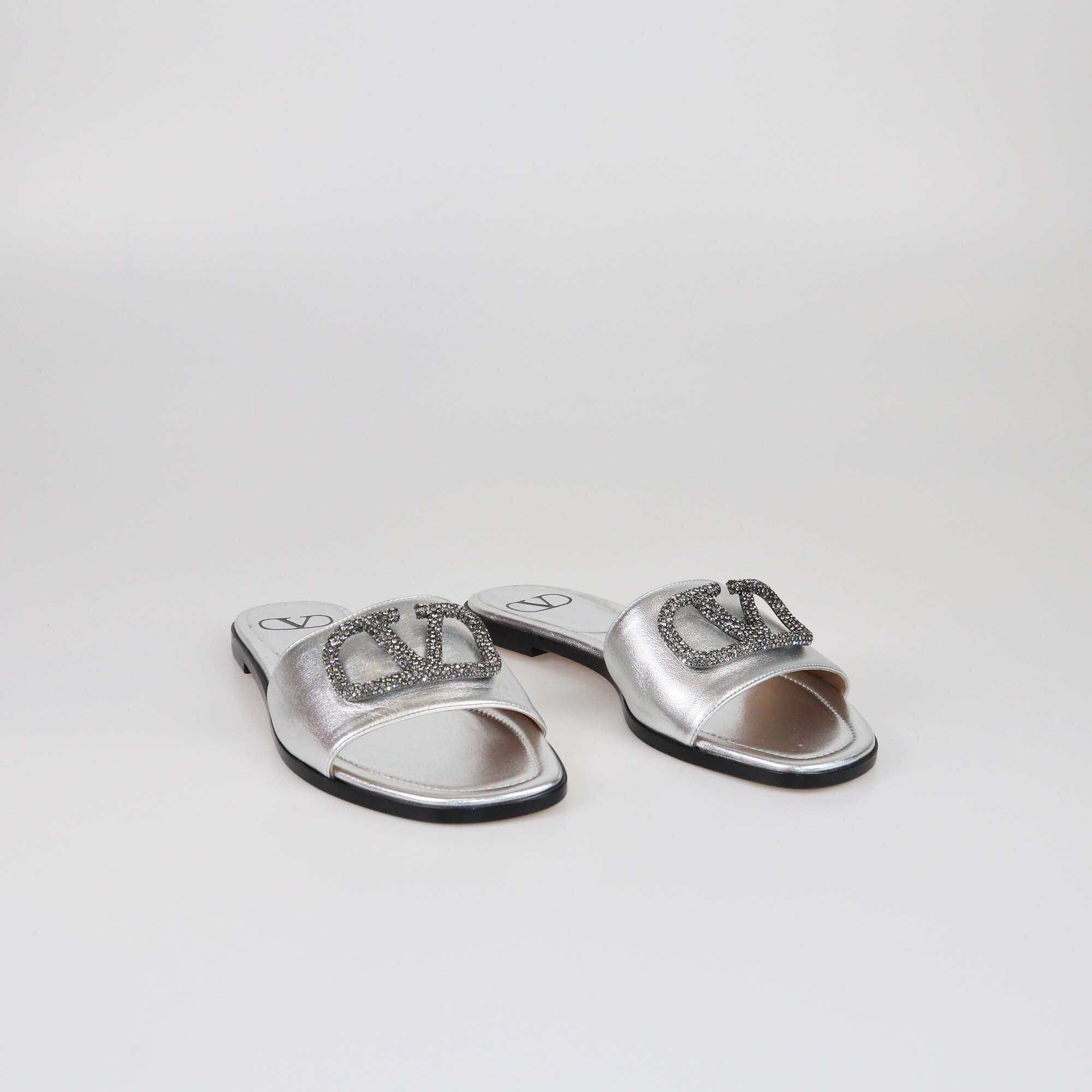 Valentino Silver VLogo Glow Flat Slides Womens Valentino 