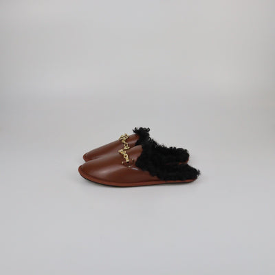 Stella McCartney Brown Teddy-Trimmed Chain Detail Flat Mules Womens Stella McCartney 