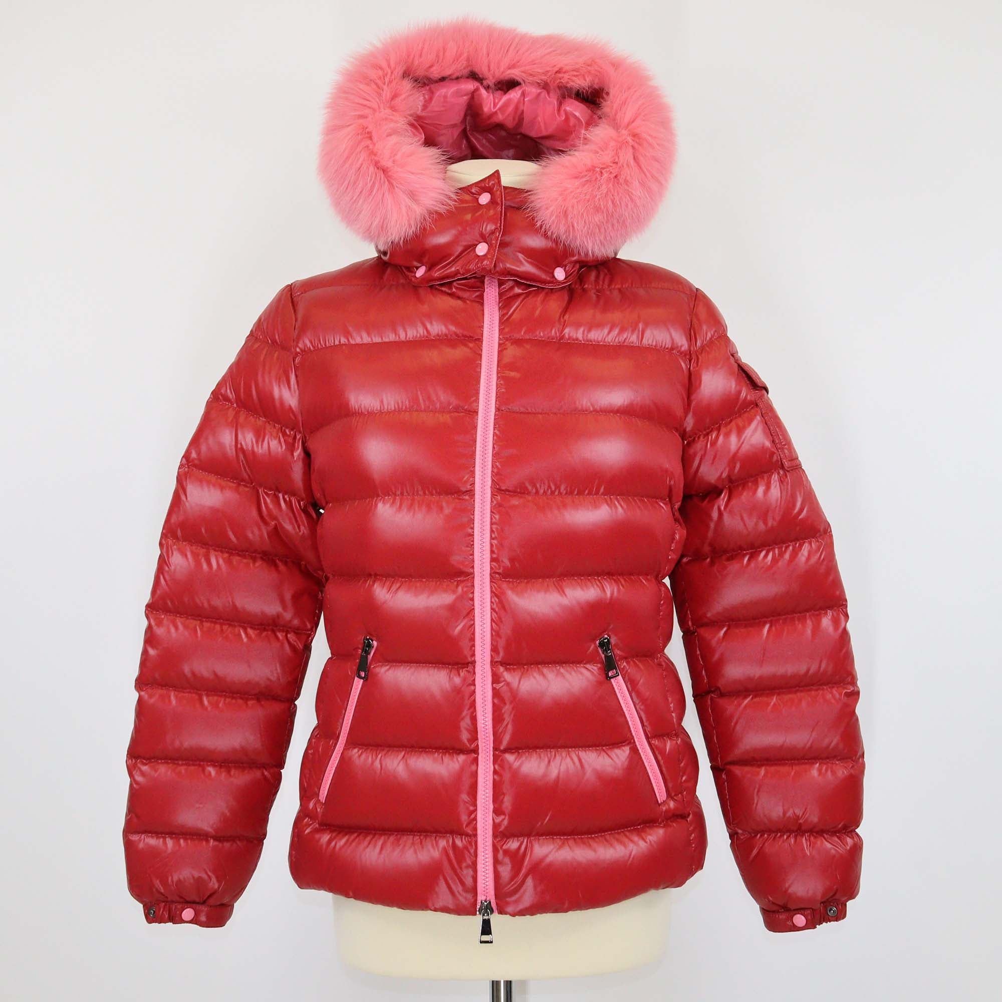 Moncler Red/Pink Nylon and Fur Puffer Hoodie Jacket