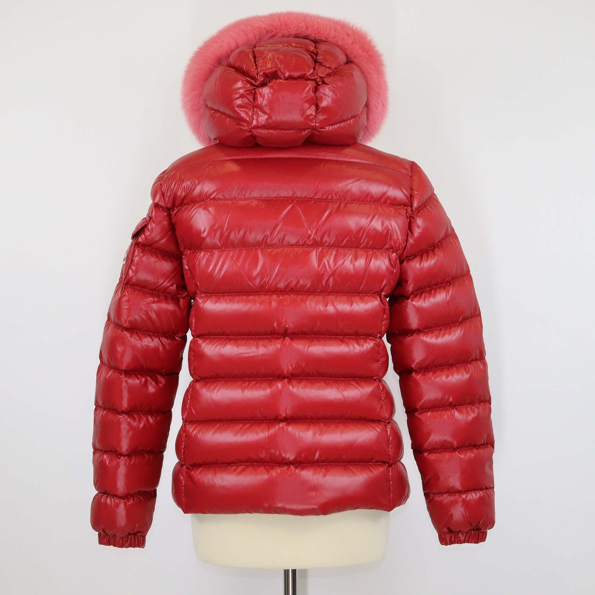 Moncler Red/Pink Nylon and Fur Puffer Hoodie Jacket