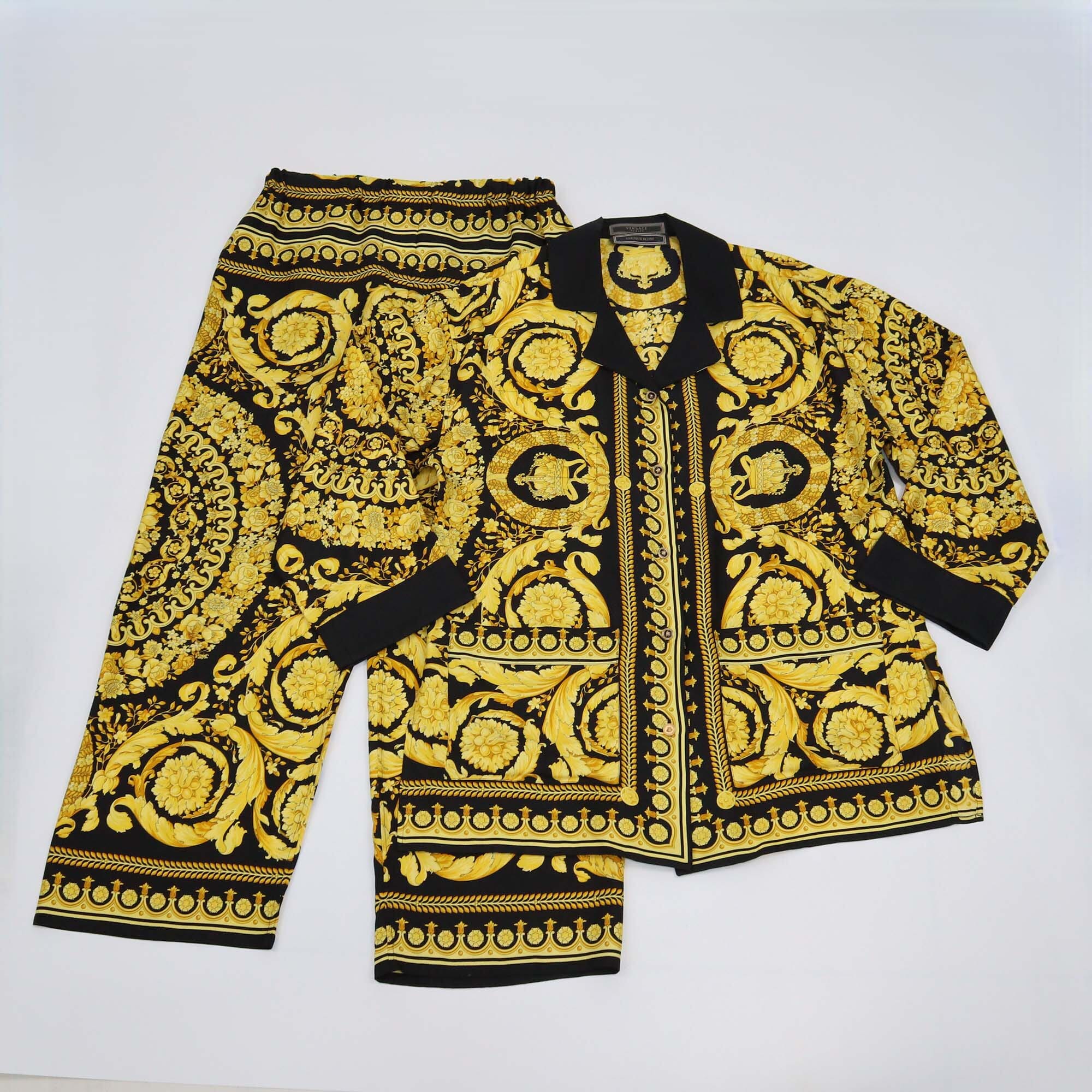 Versace Yellow/Black Barocco Print Pajama Set Womens Versace 