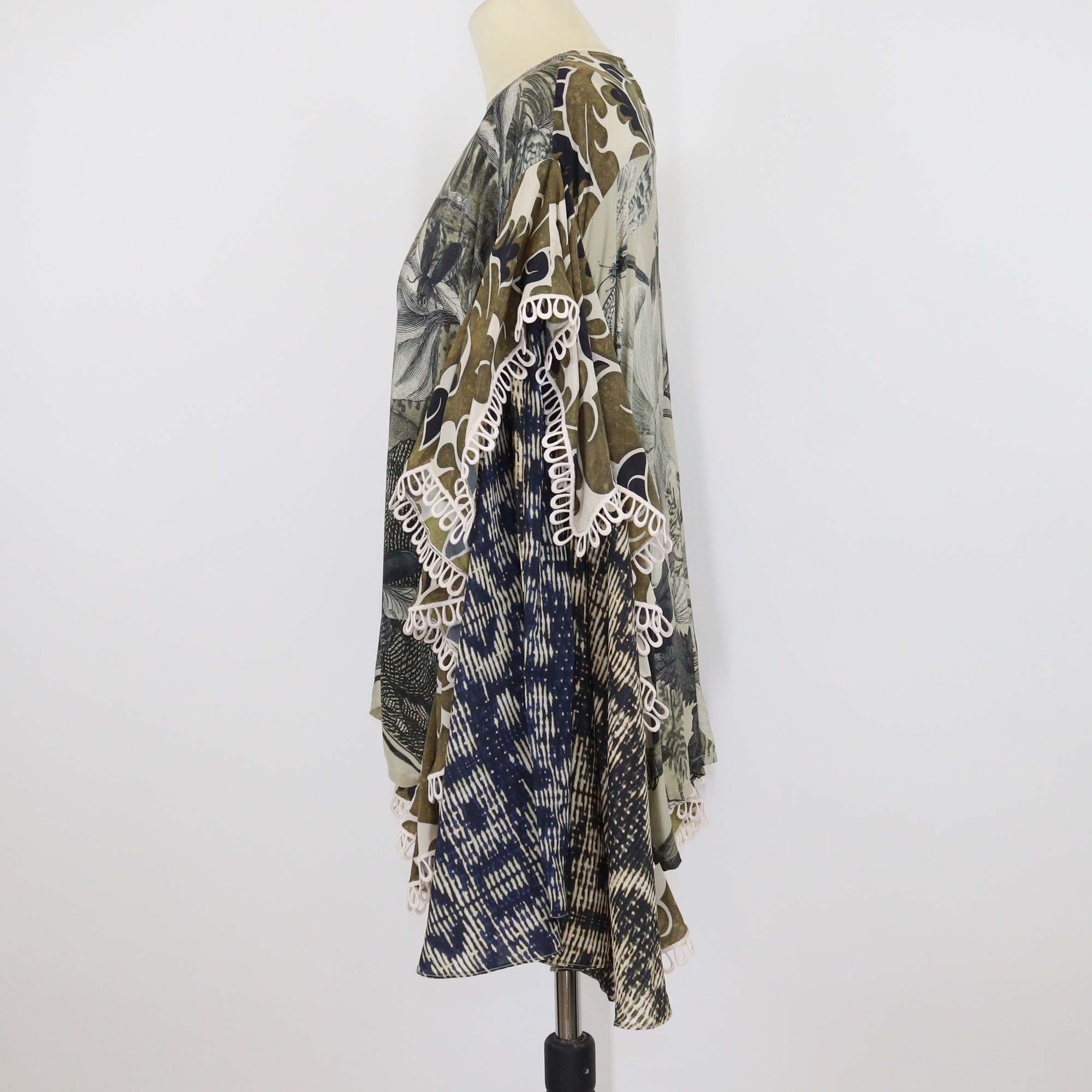 Biyan Green Silk Cockatoo Print Draped Sleeve Cape Top