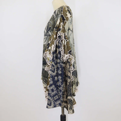 Biyan Green Silk Cockatoo Print Draped Sleeve Cape Top