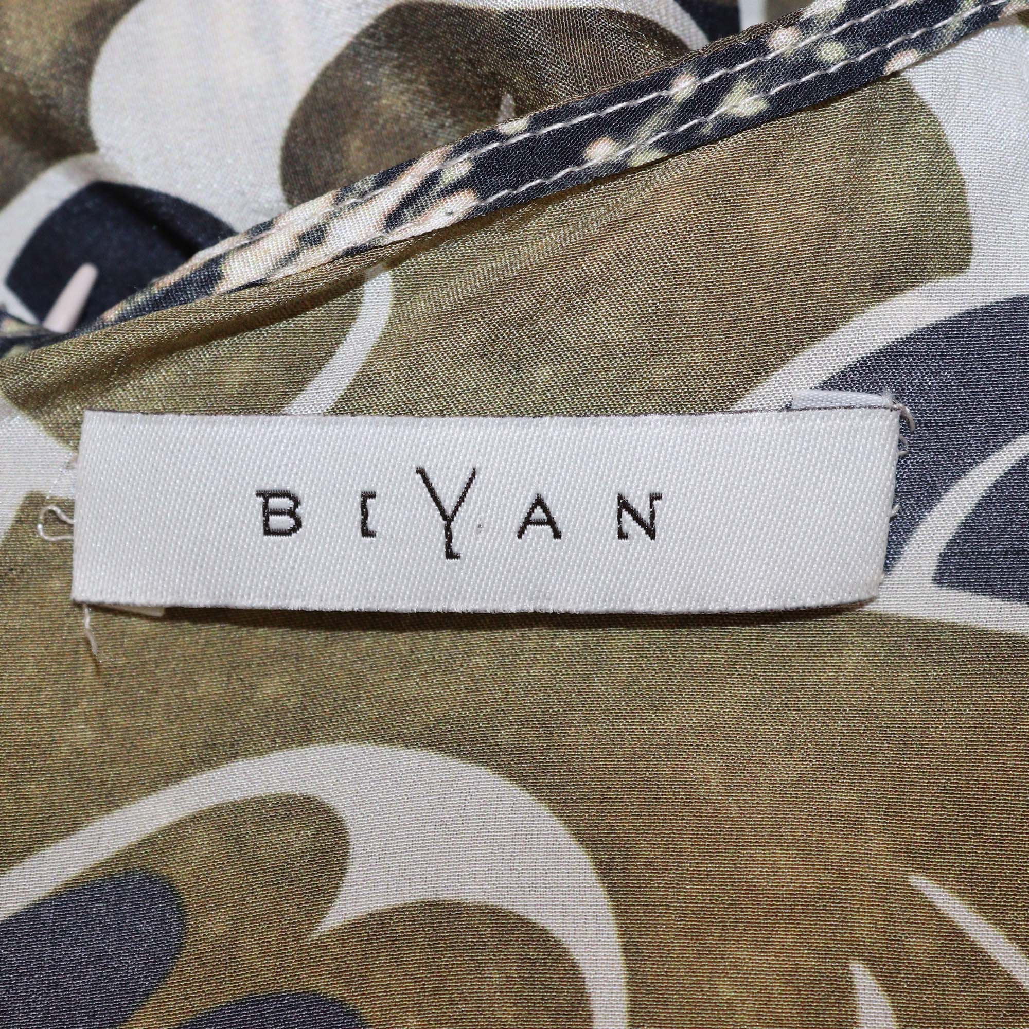 Biyan Green Silk Cockatoo Print Draped Sleeve Cape Top