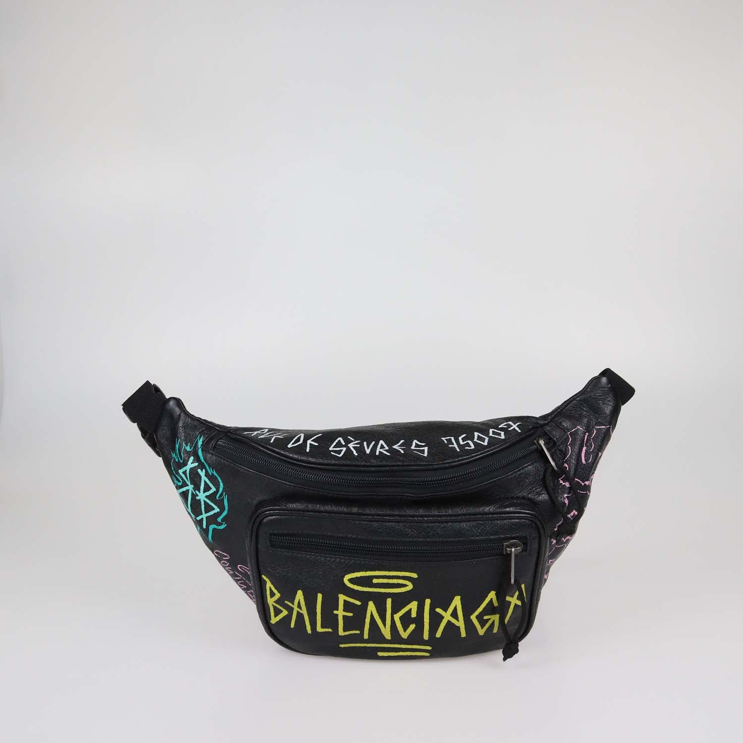 Balenciaga Black Leather Graffiti Explorer Belt Bag