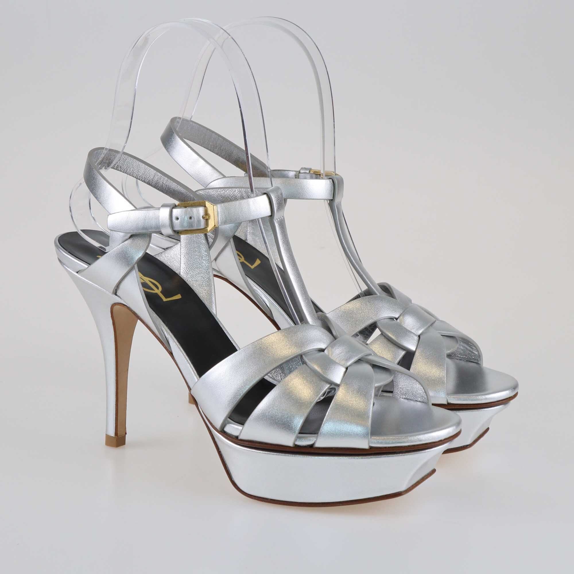 Saint Laurent Metallic Silver Tribute Sandals Shoes Saint Laurent 