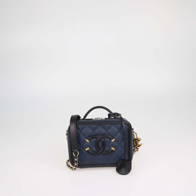 Chanel Navy Blue, Black Quilted Caviar Leather Small Vanity Case Bag