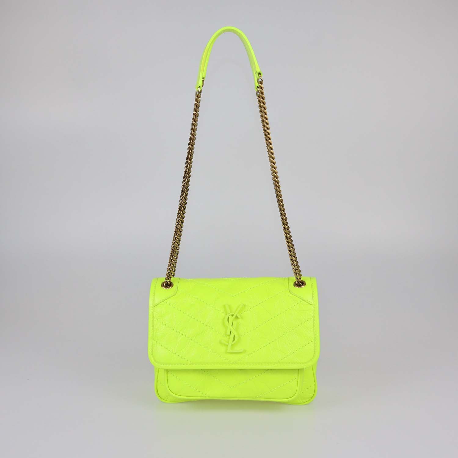 Saint Laurent Neon Green Crinkled Leather Baby Niki Shoulder Bag