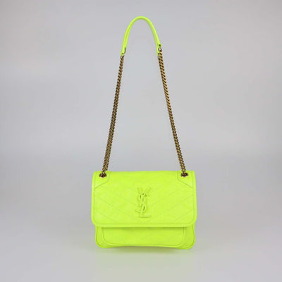 Saint Laurent Neon Green Crinkled Leather Baby Niki Shoulder Bag