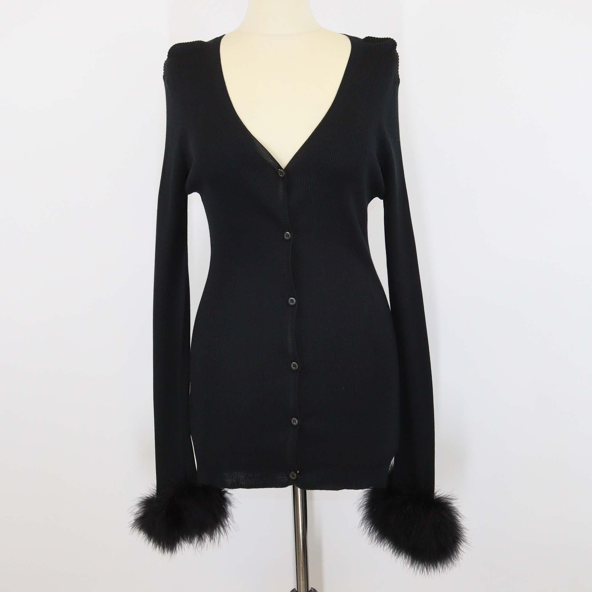 Prada Black Silk Turkey Feather Cuffs Ribbed Knit Long Sleeve Cardigan
