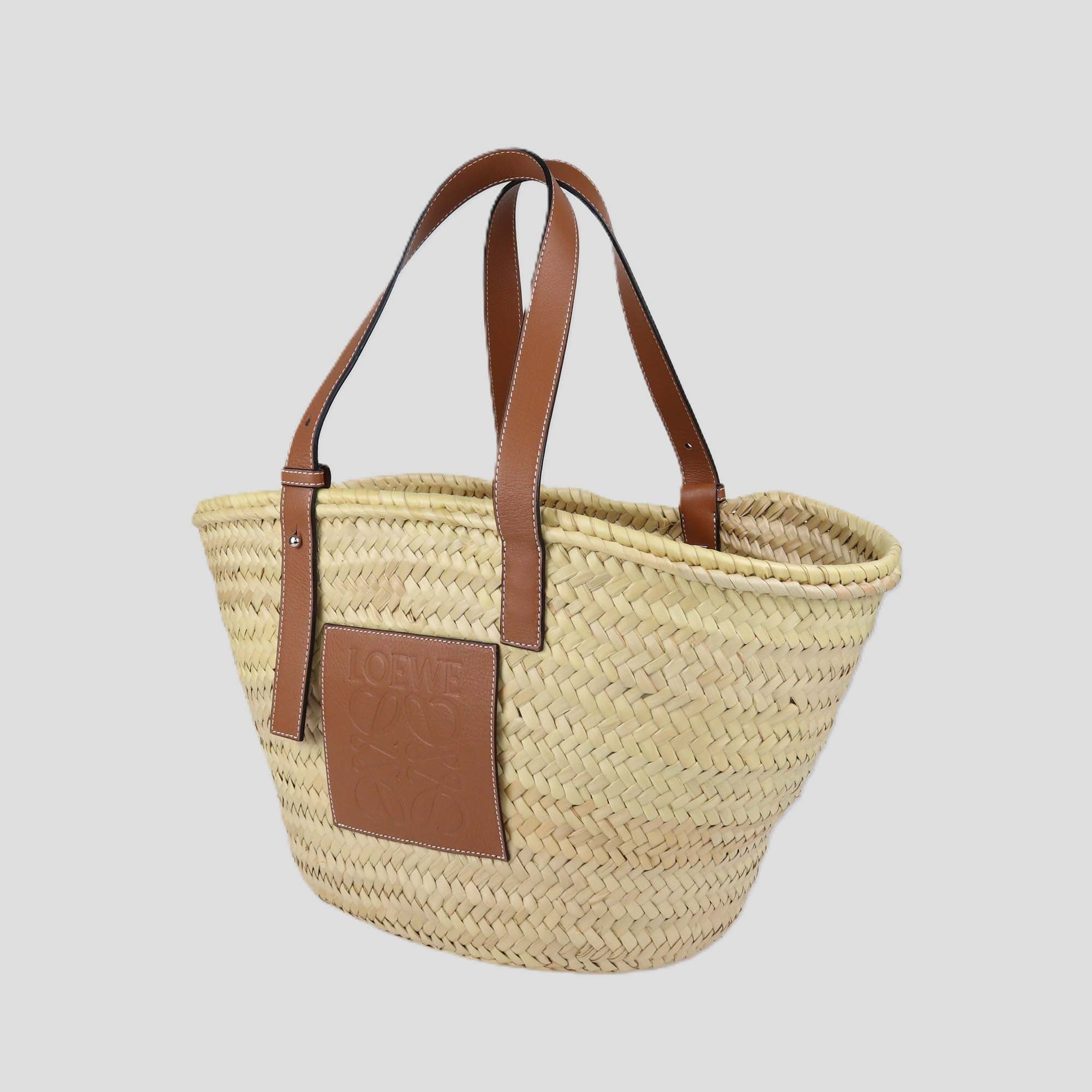 Loewe Tan/Natural Palm Leaf and Leather Medium Basket Tote