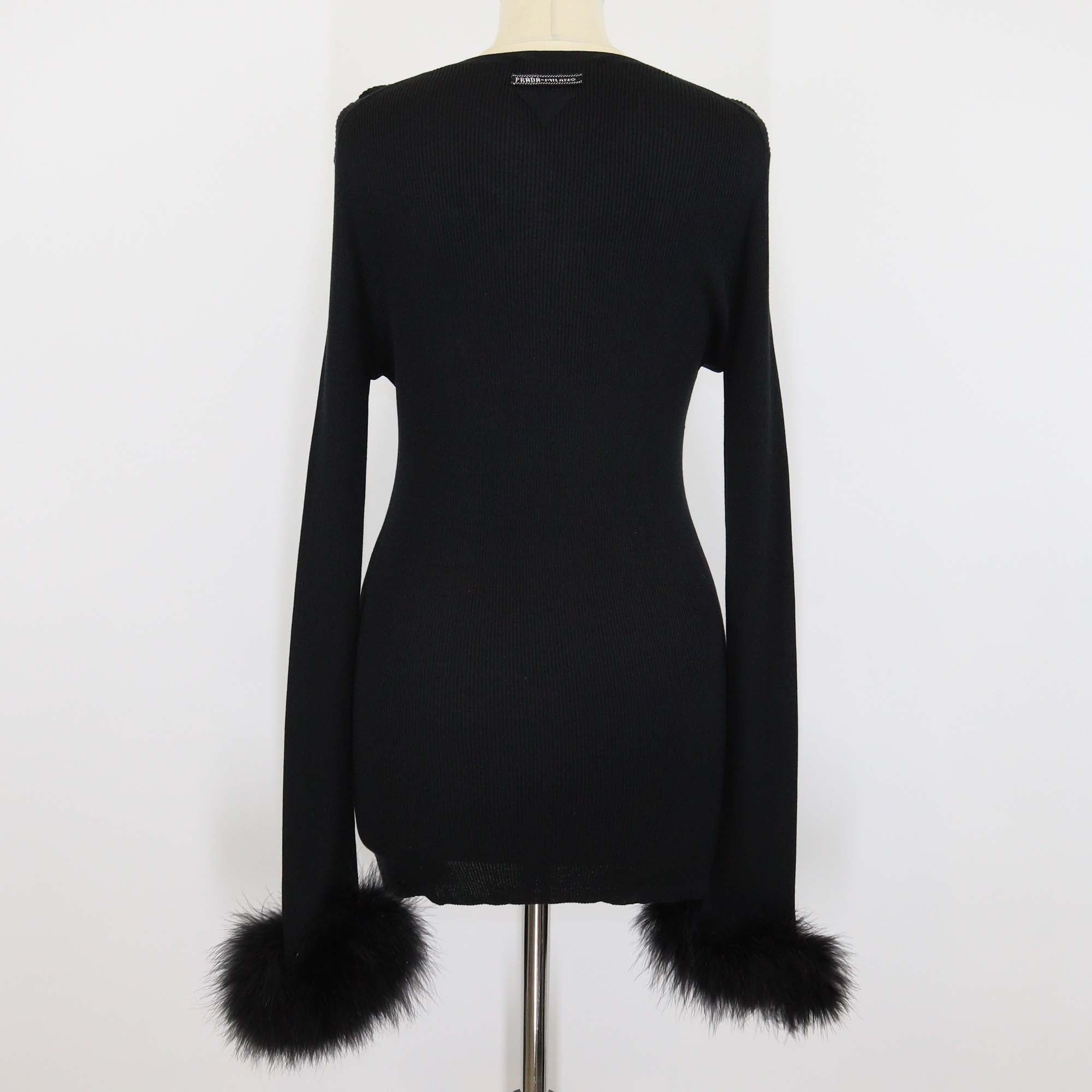 Prada Black Silk Turkey Feather Cuffs Ribbed Knit Long Sleeve Cardigan