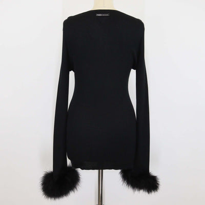 Prada Black Silk Turkey Feather Cuffs Ribbed Knit Long Sleeve Cardigan