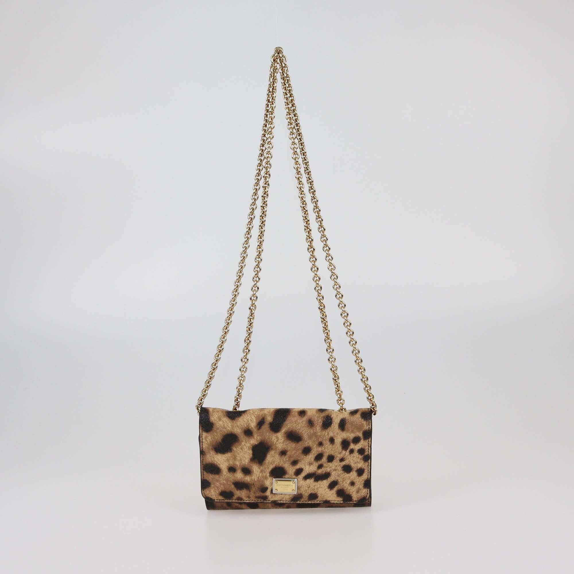 Dolce & Gabbana Brown Leopard Print Coated Canvas Trifold Wallet On Chain Womens Dolce & Gabbana 