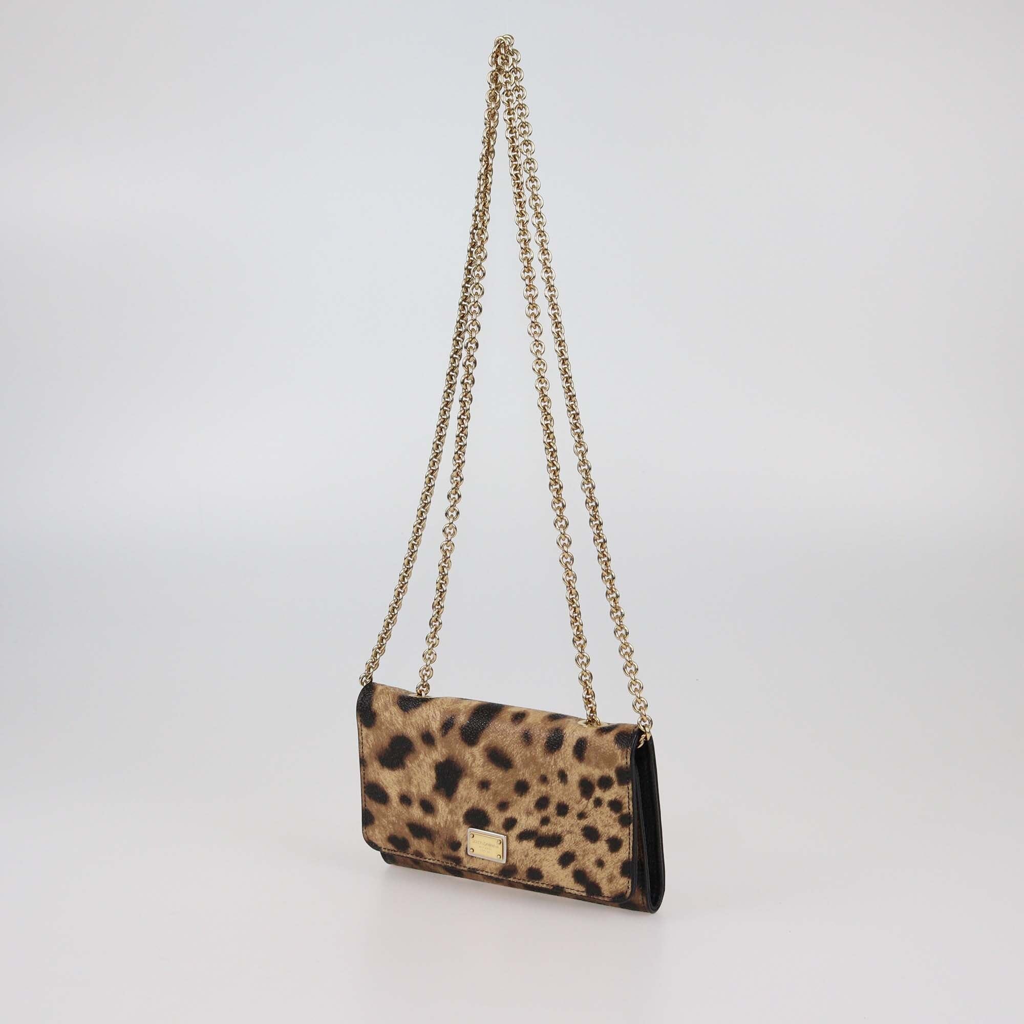 Dolce & Gabbana Brown Leopard Print Coated Canvas Trifold Wallet On Chain Womens Dolce & Gabbana 