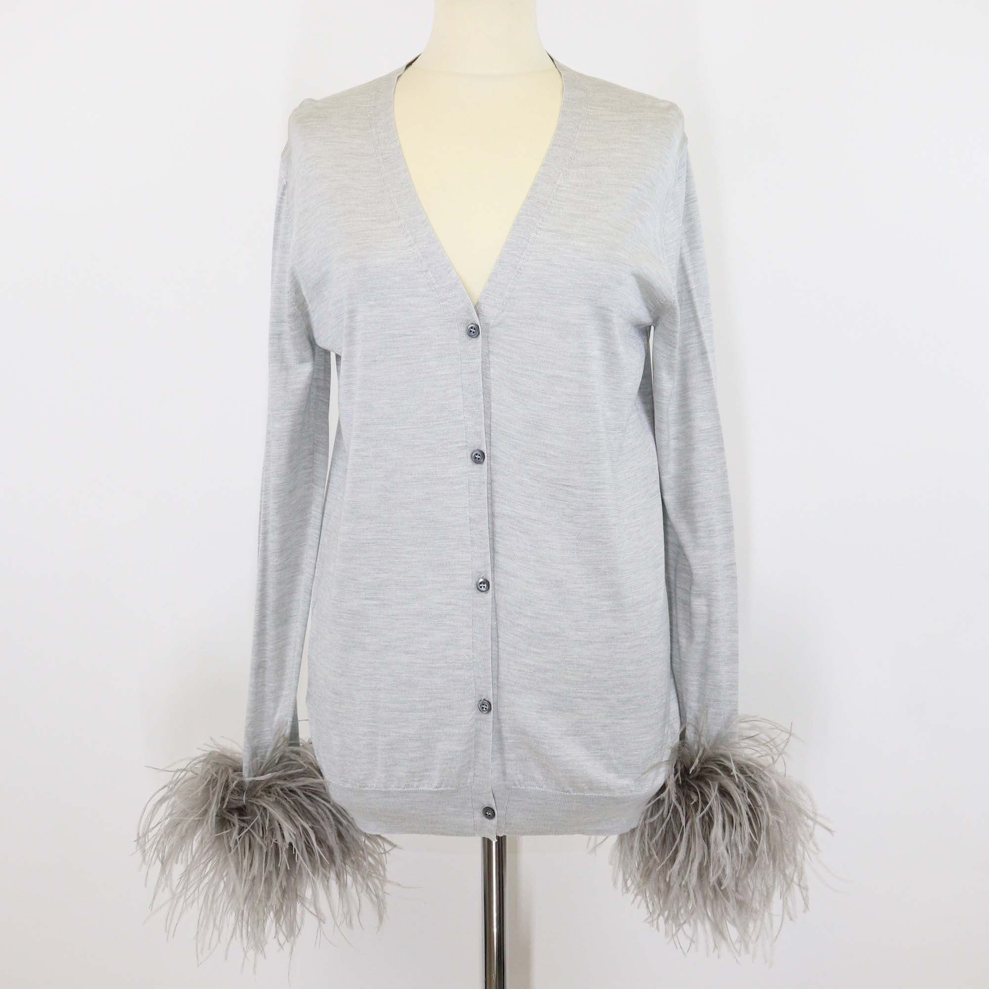 Prada Grey Silk Ostrich Feather Cuff Long Sleeve Cardigan
