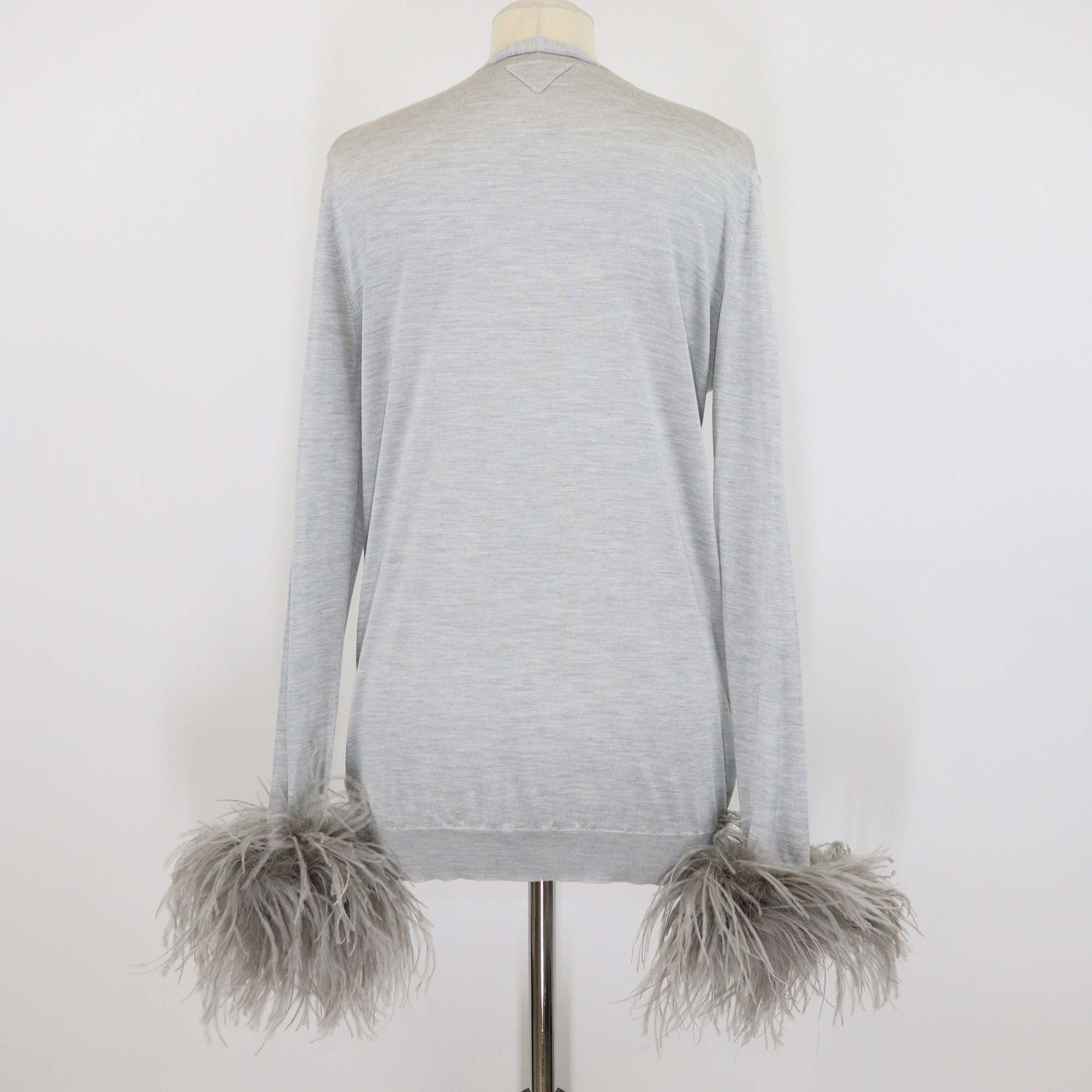 Prada Grey Silk Ostrich Feather Cuff Long Sleeve Cardigan