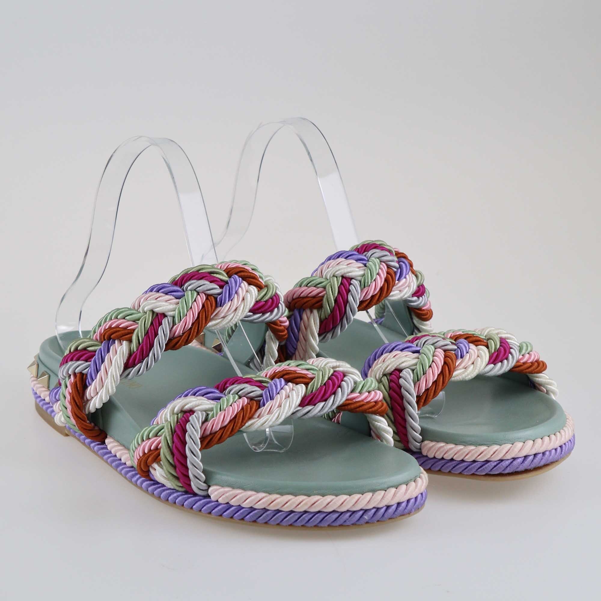 Valentino Multicolor Woven Rope Rockstud Torchon Slides Shoes Valentino 