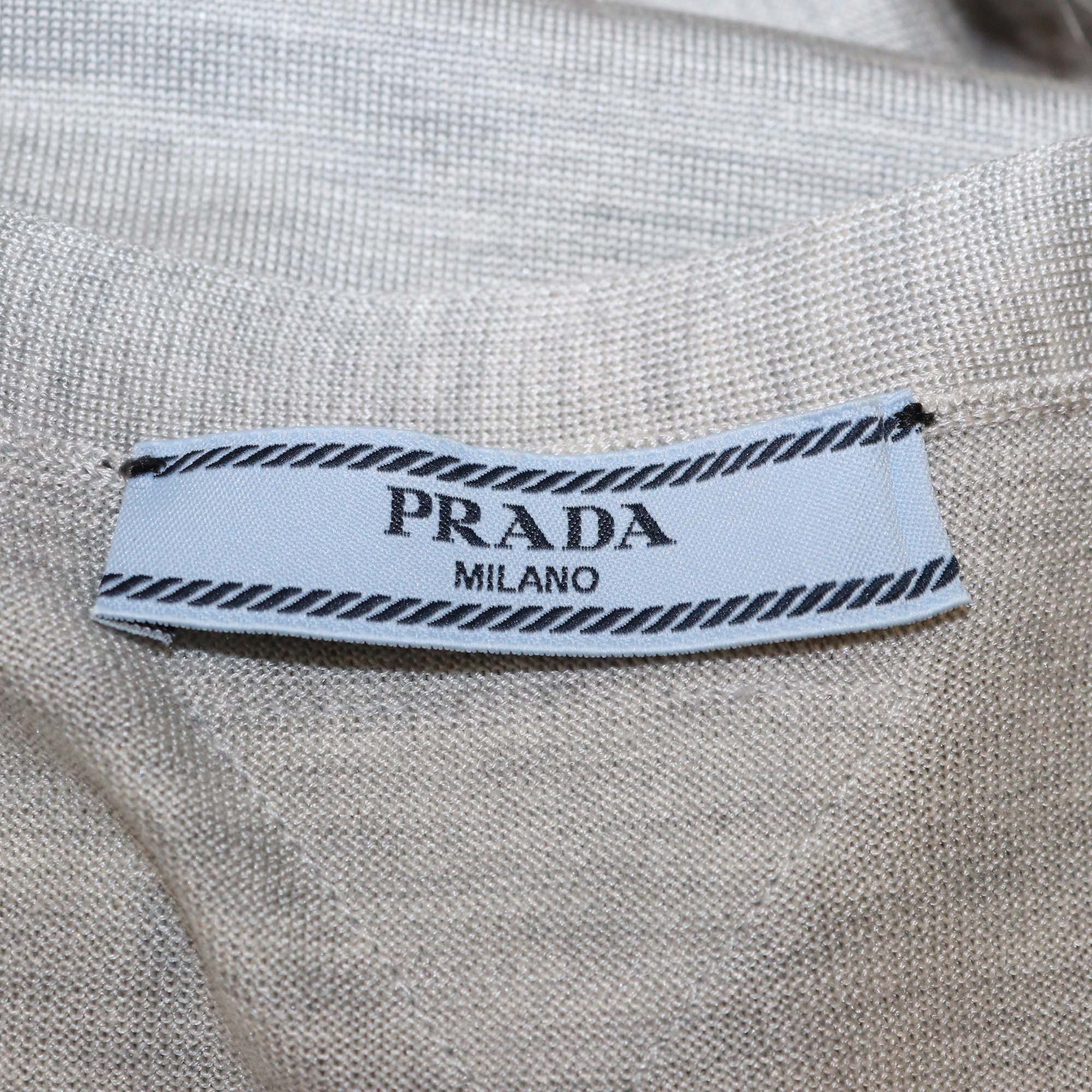 Prada Grey Silk Ostrich Feather Cuff Long Sleeve Cardigan