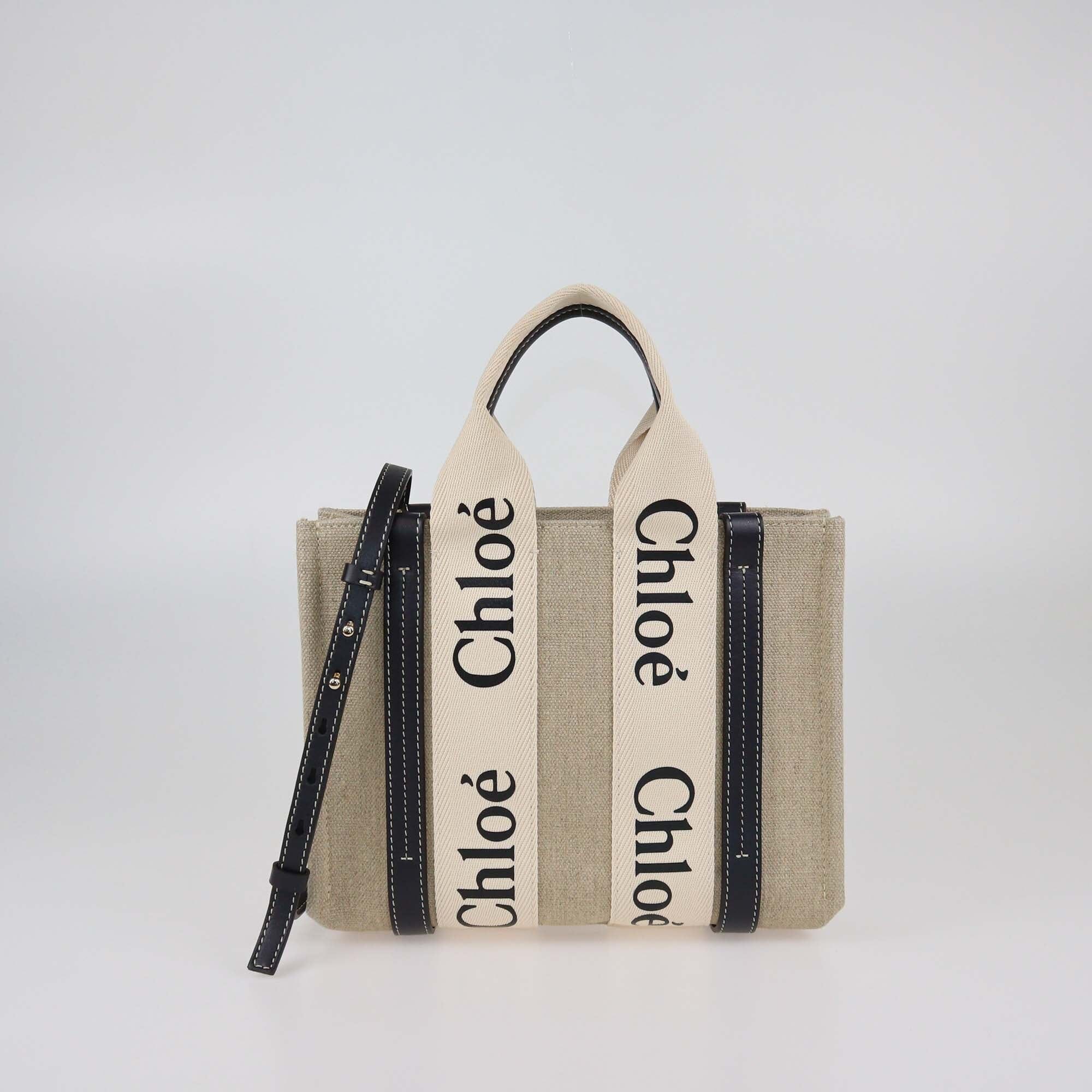 Chloe Black/Beige Small Canvas Woody Tote Womens Chloe 