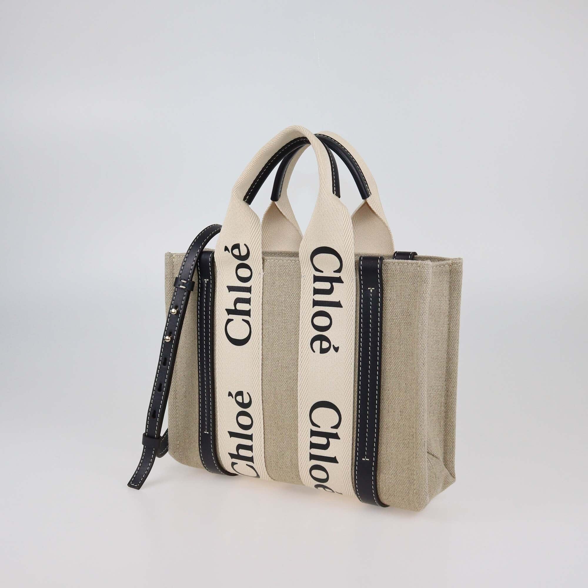 Chloe Black/Beige Small Canvas Woody Tote Womens Chloe 