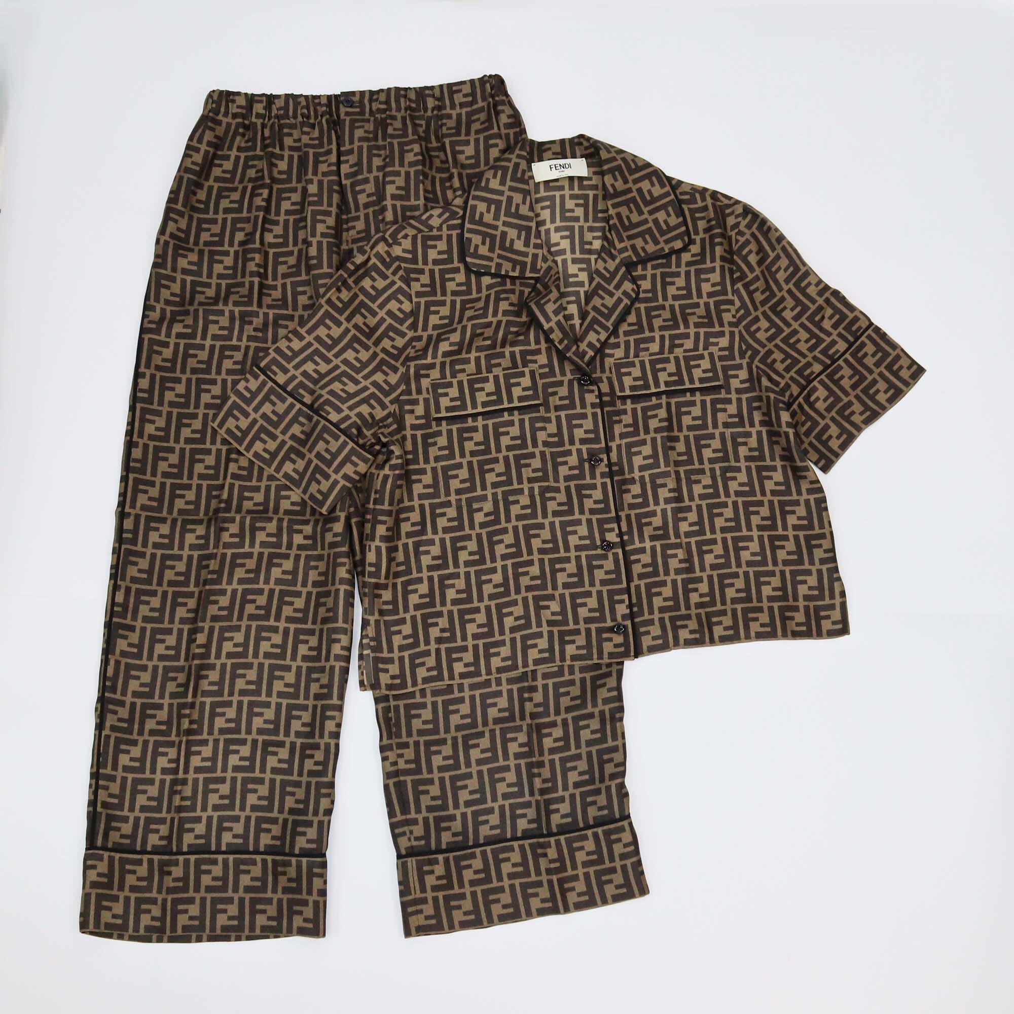 Fendi Brown Zucca FF Print Short Sleev Crop Top & Pants Set Womens Fendi 