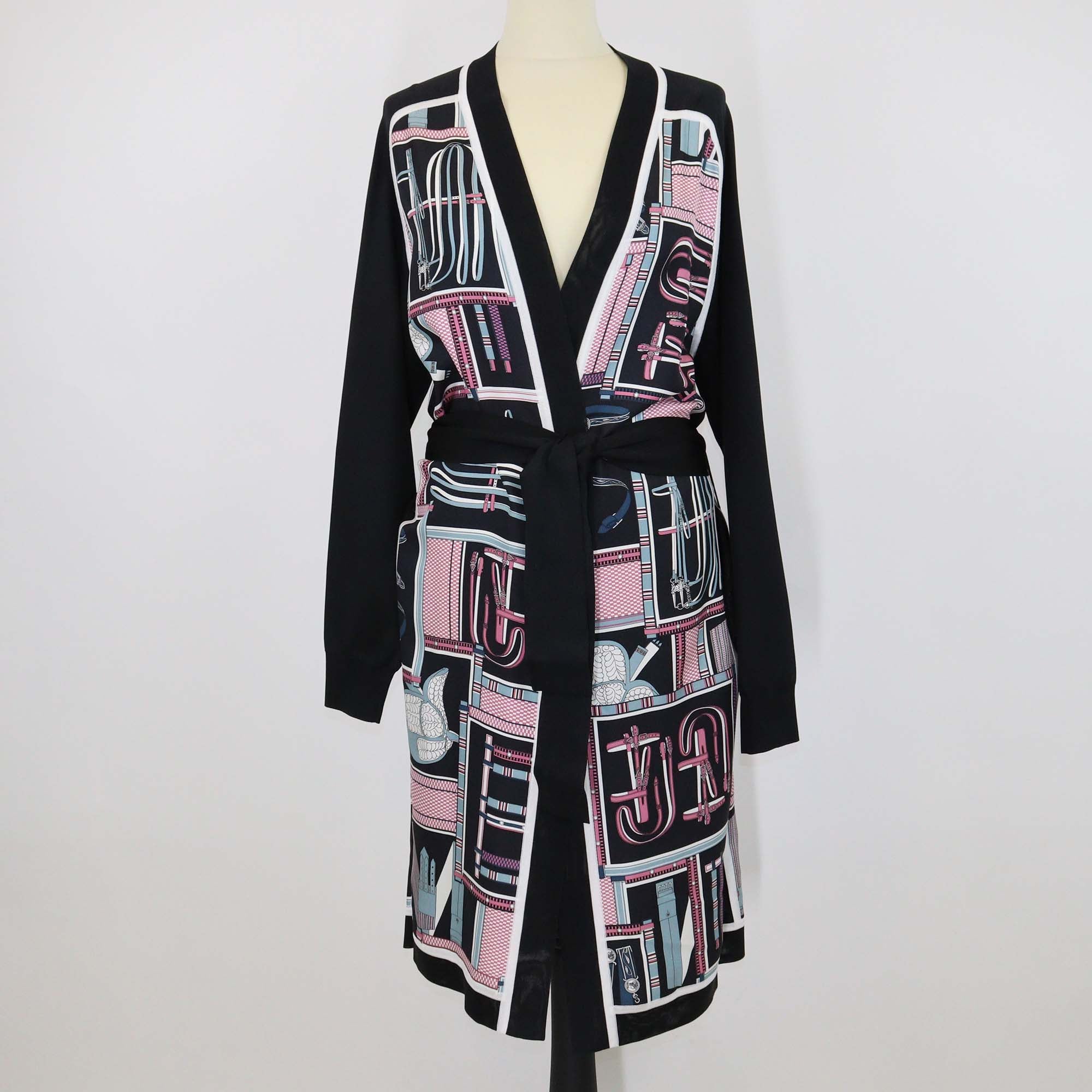 Hermes Black Silk Blended Lettres Equestres Print Belted Long Cardigan