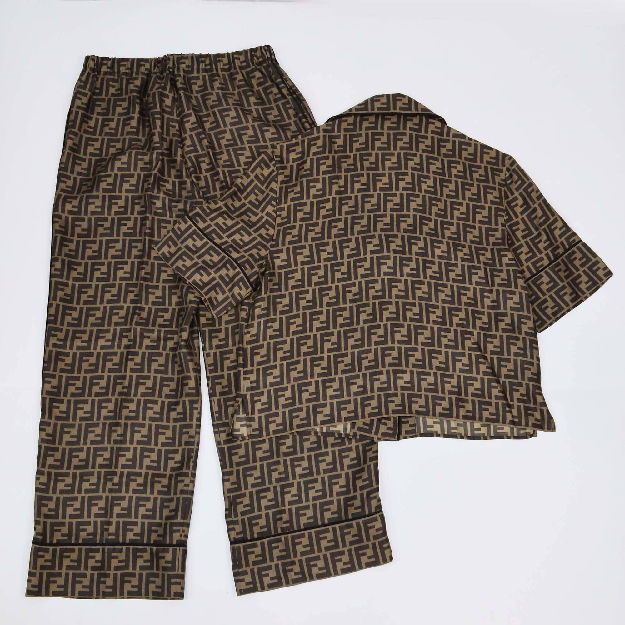 Fendi Brown Zucca FF Print Short Sleev Crop Top & Pants Set Womens Fendi 