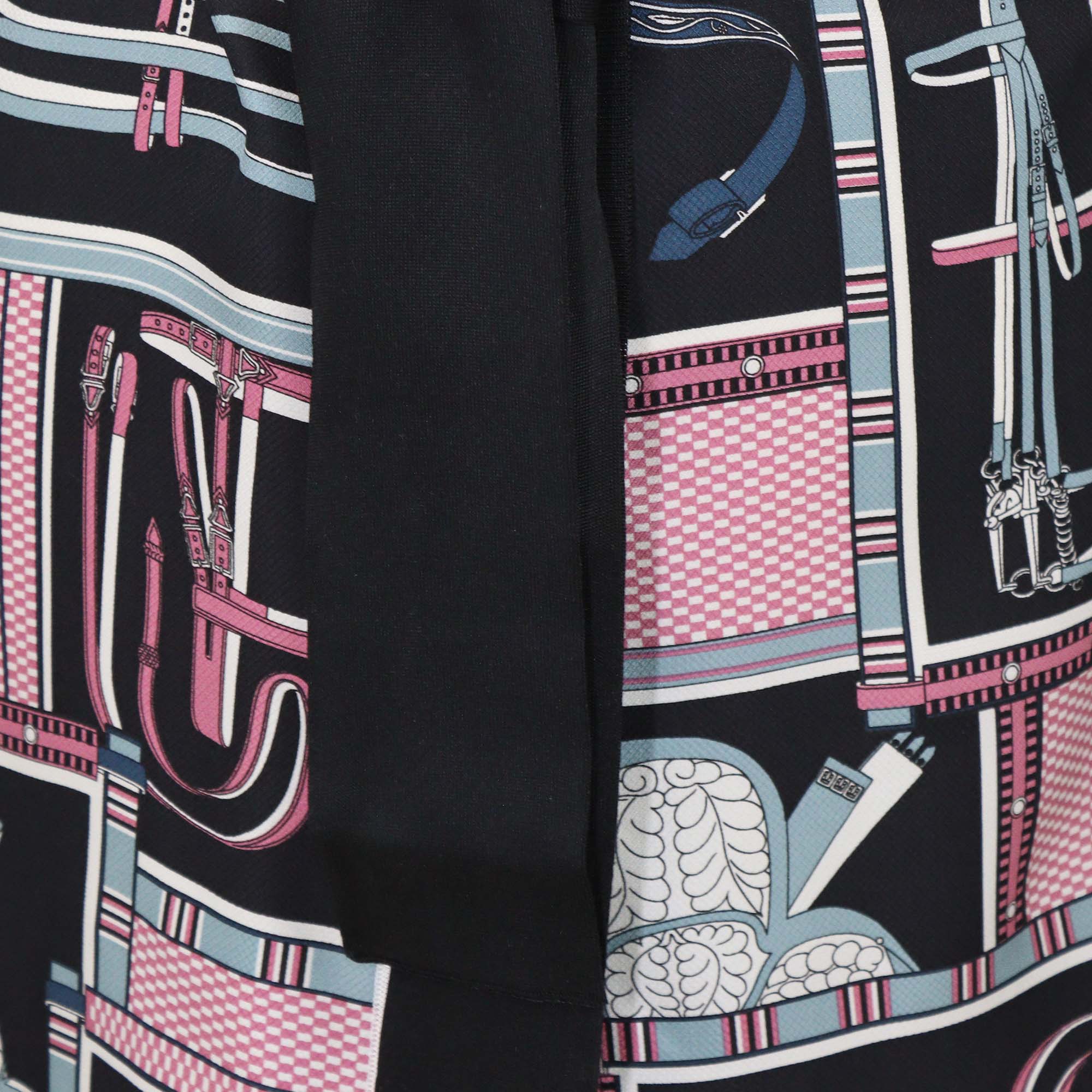 Hermes Black Silk Blended Lettres Equestres Print Belted Long Cardigan