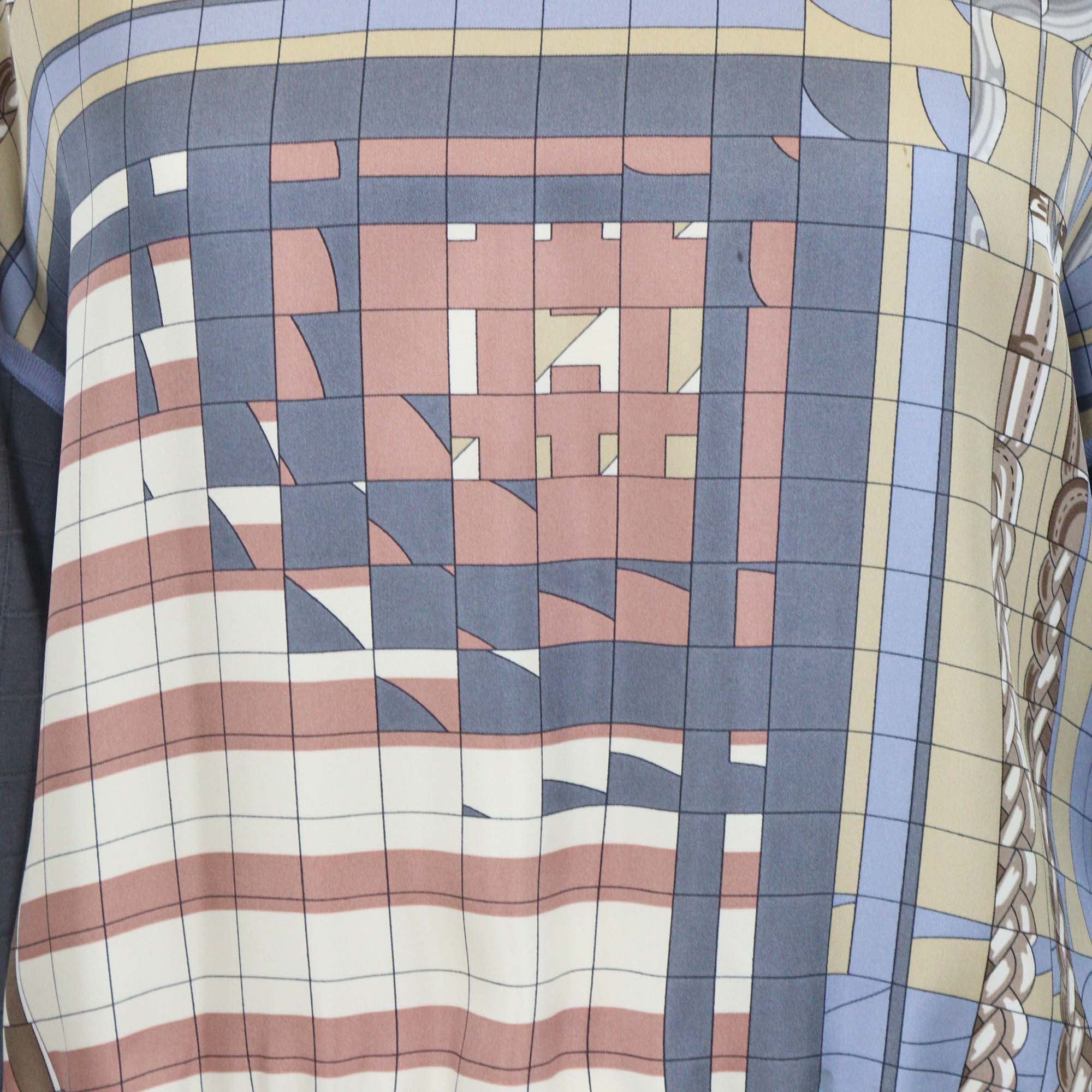 Hermes Blue Silk Blended Coaching Deja Vu Print Long Sleeve Sweater