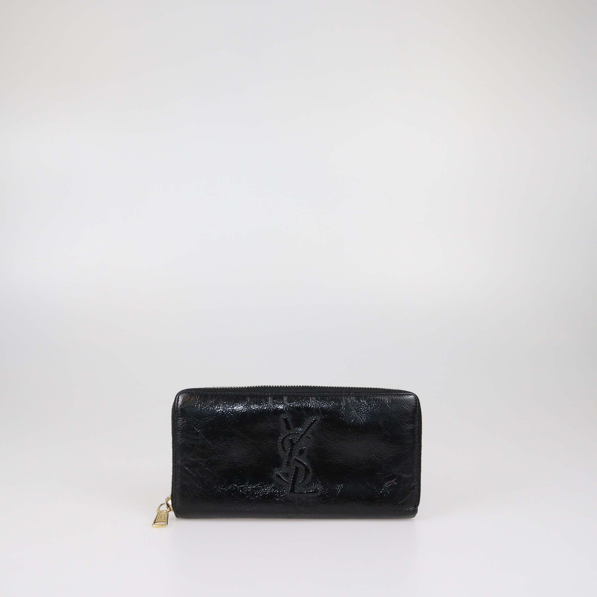 Yves Saint Laurent Black Aged Patent Leather Belle De Jour Zip Around Wallet