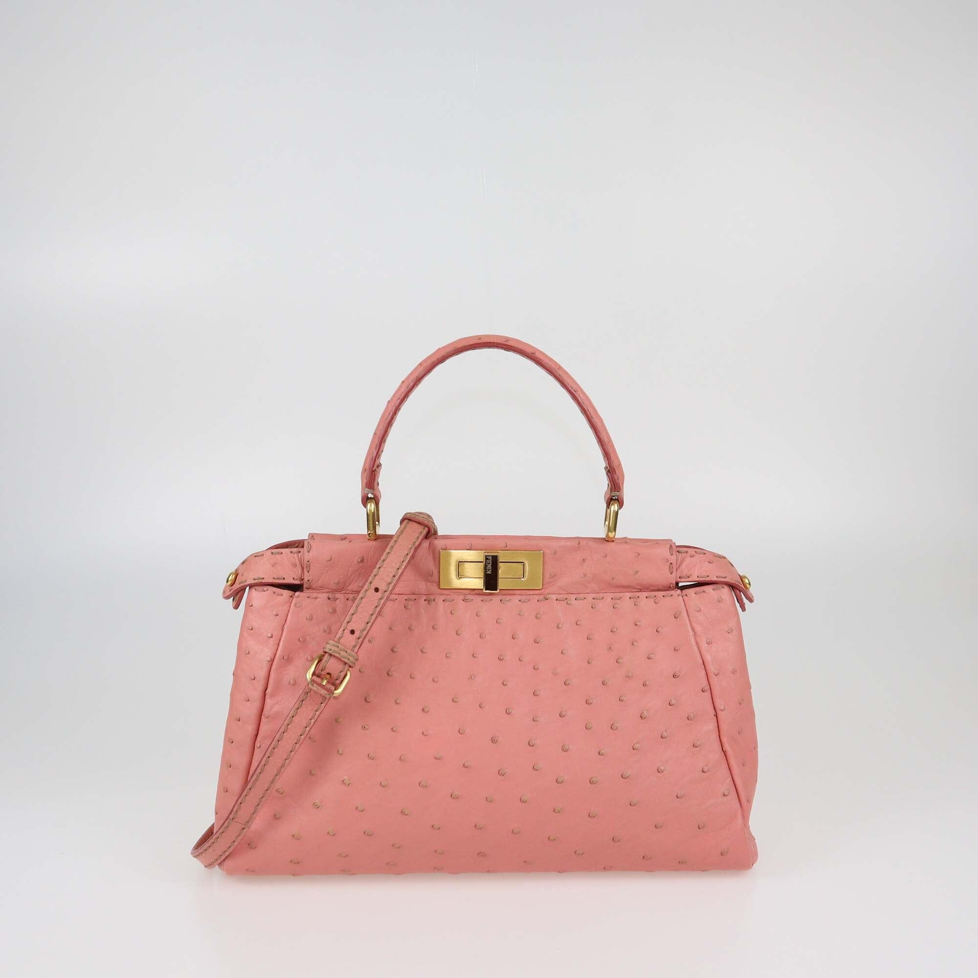 Fendi Pink Selleria Ostrich Peekaboo Small Top Handle Bag