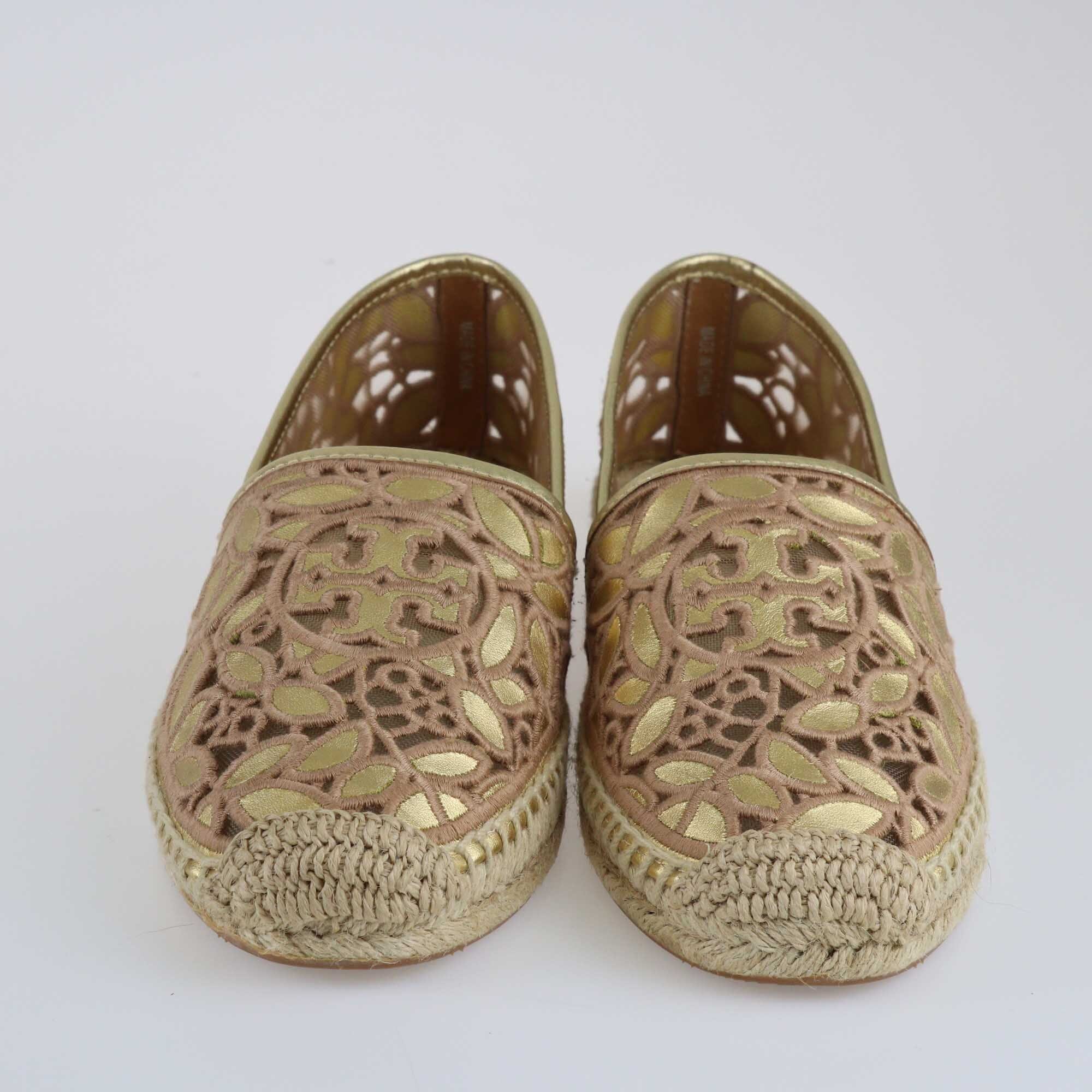 Tory Burch Gold/Natural Leather and Mesh Embroidered Rhea Leaf Espadrille Flats Shoes Tory Burch 