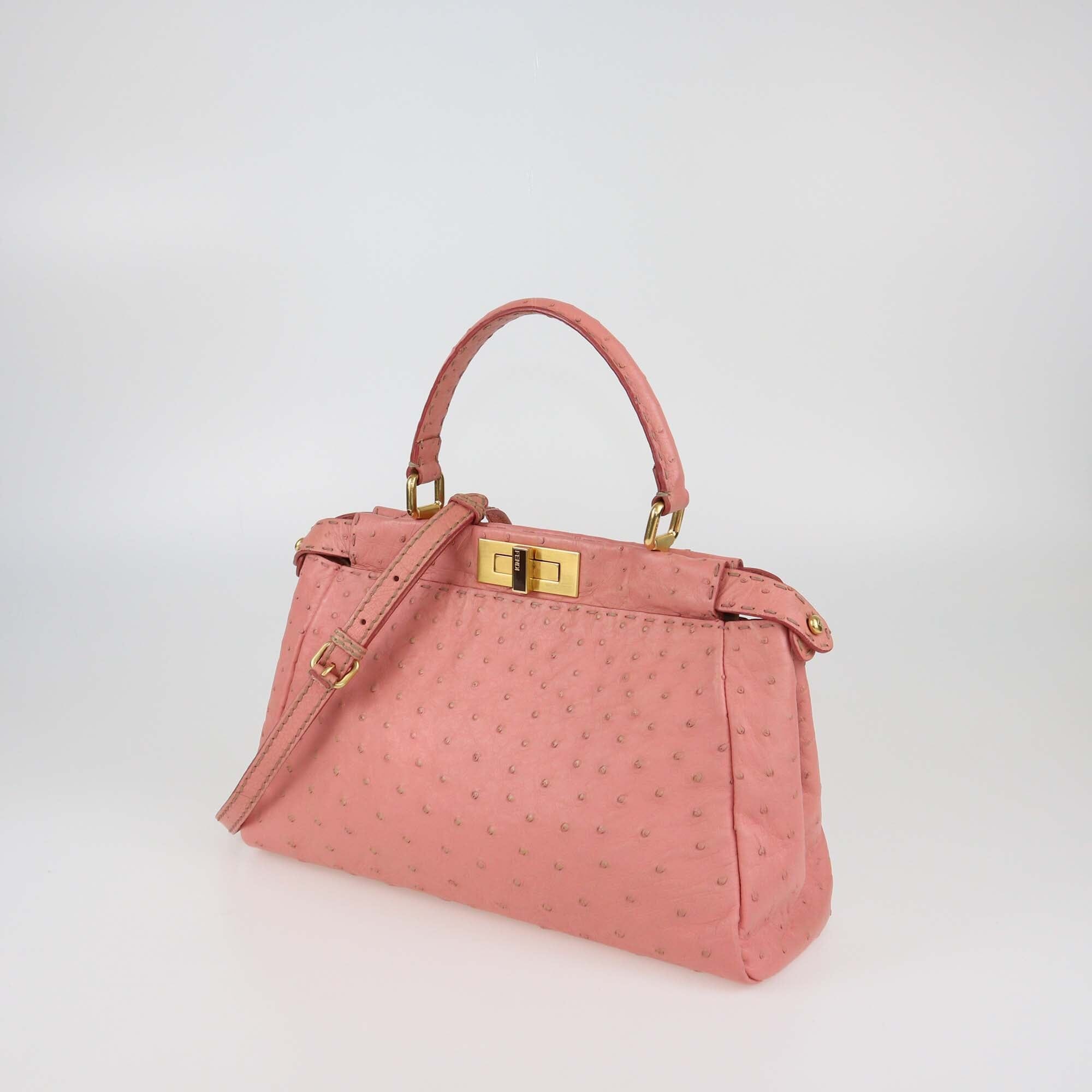 Fendi Pink Selleria Ostrich Peekaboo Small Top Handle Bag Womens Fendi 