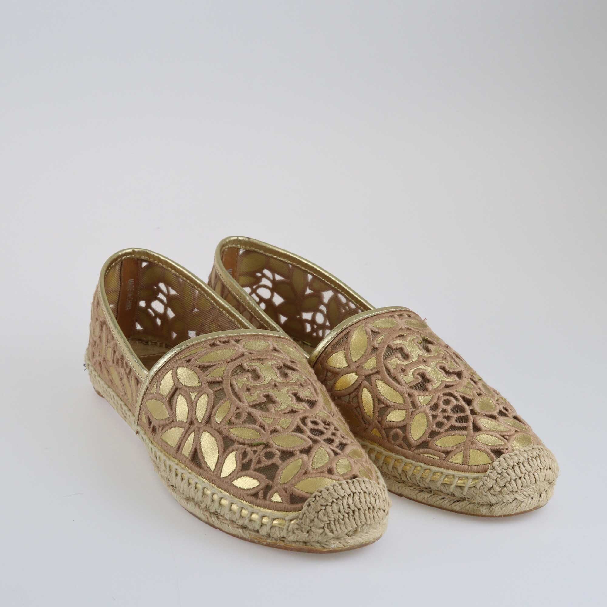 Tory Burch Gold/Natural Leather and Mesh Embroidered Rhea Leaf Espadrille Flats Shoes Tory Burch 