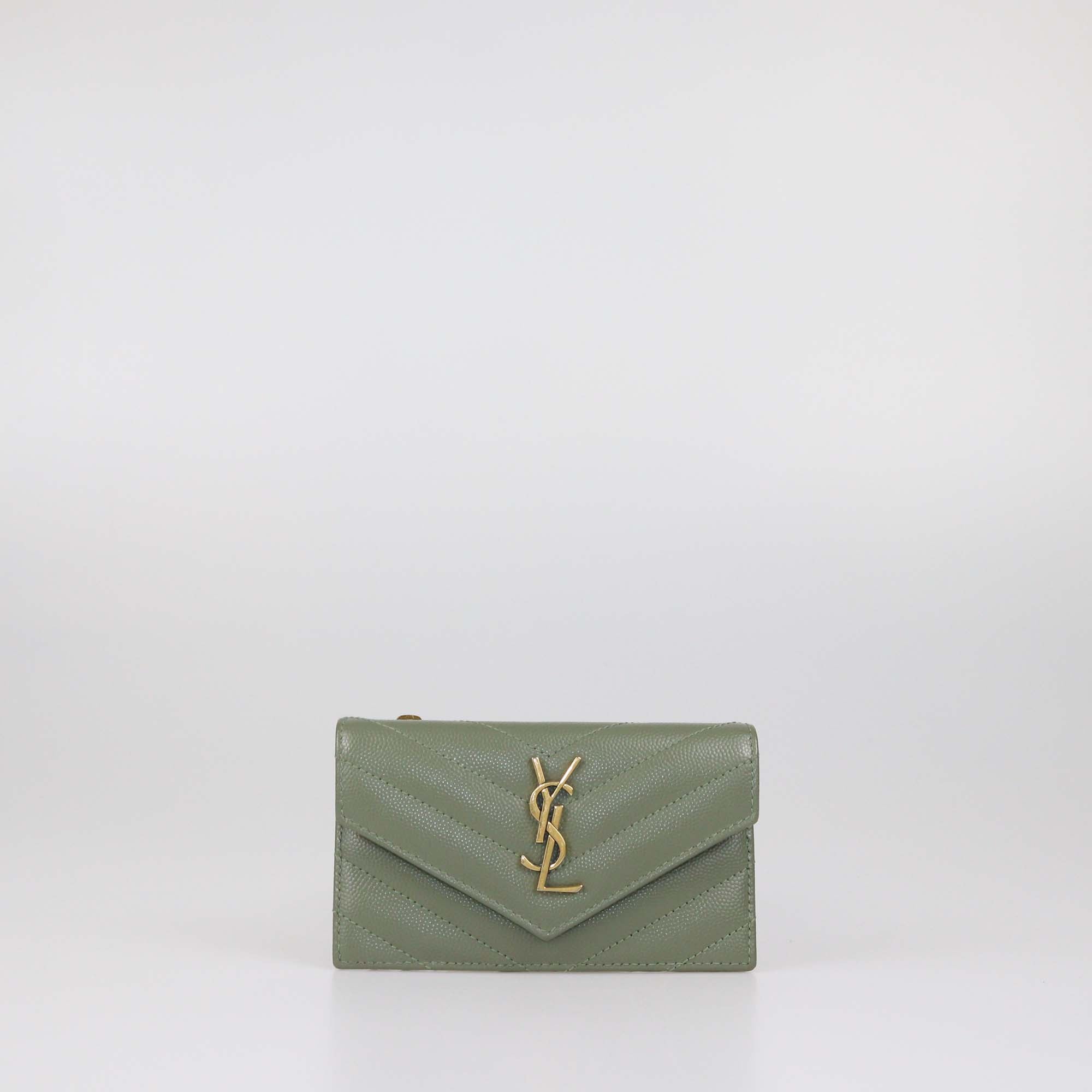 Saint Laurent Green Matelasse Leather Cassandre Fragment Flap Card Case