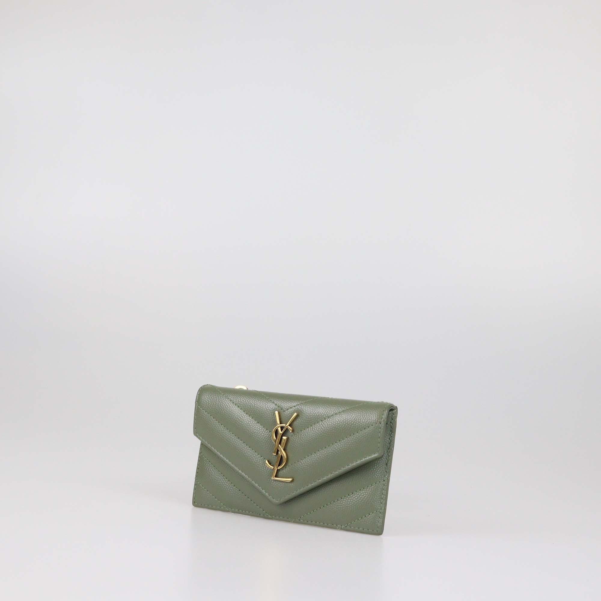 Saint Laurent Green Matelasse Leather Cassandre Fragment Flap Card Case
