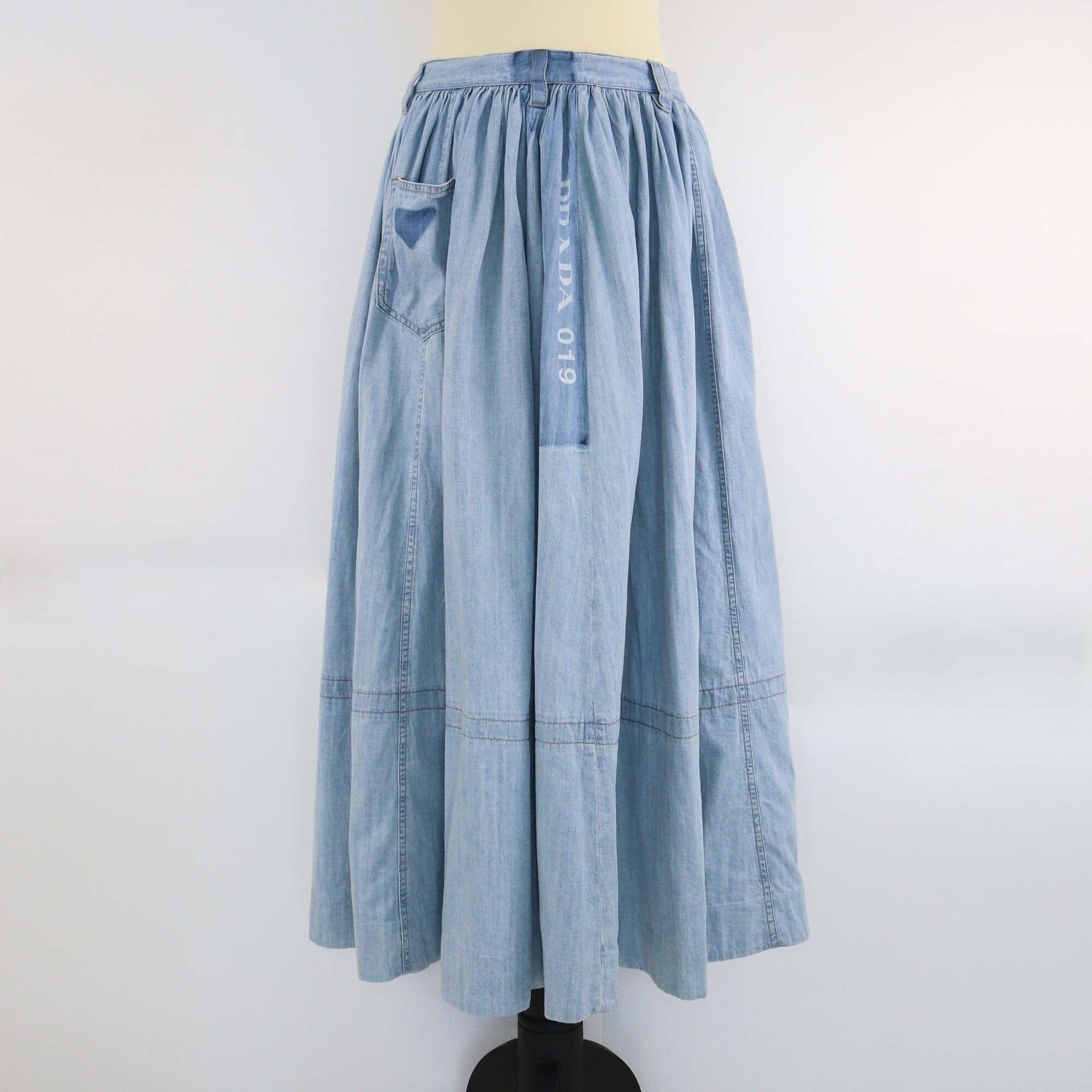 Prada Light Blue Denim Flared Midi Skirt Womens Prada 