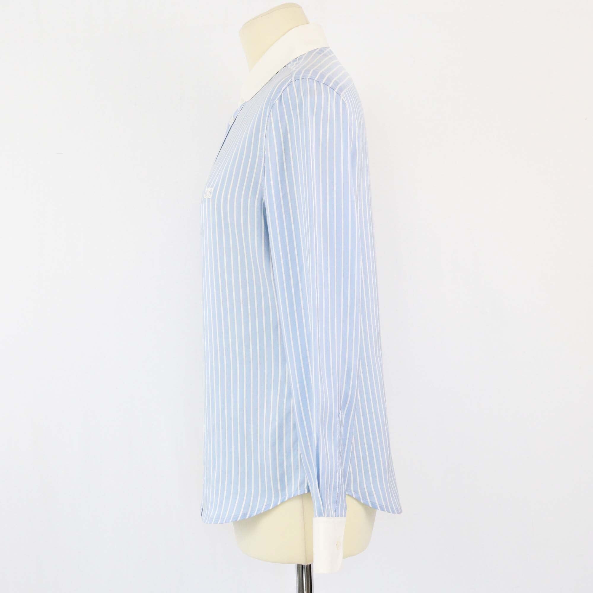 Celine Blue/White Striped Triomphe Detailed Long Sleeve Shirt Womens Celine 