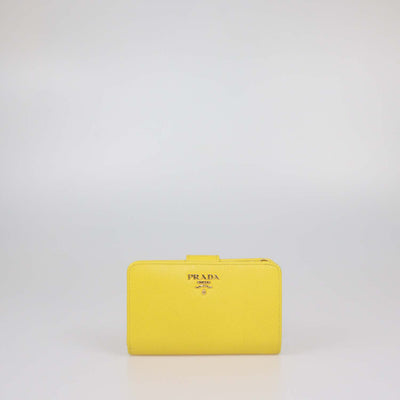 Prada Yellow Saffiano Metal Leather French Wallet