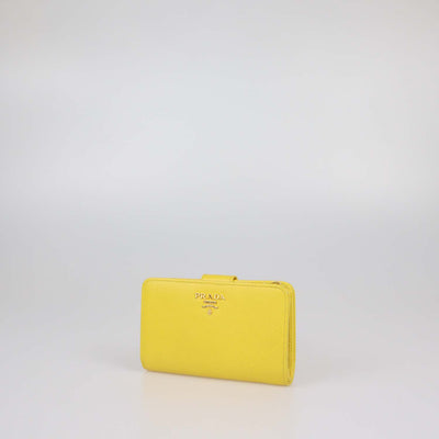Prada Yellow Saffiano Metal Leather French Wallet