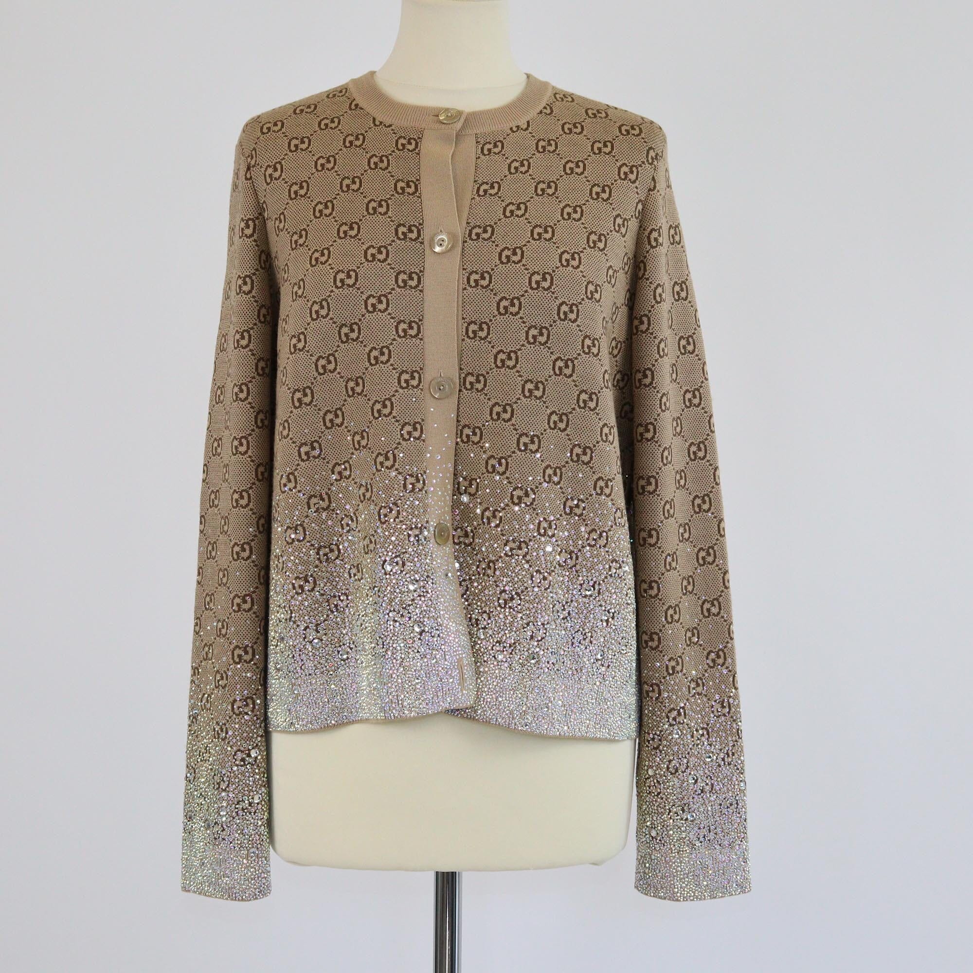 Gucci Brown GG Monogram Gradient Crytsal Embellished Knitted Cardigan Womens Gucci 