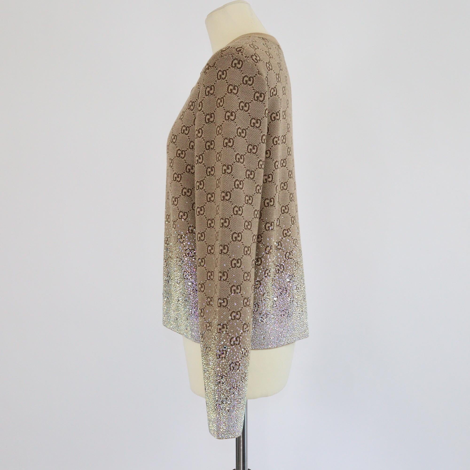 Gucci Brown GG Monogram Gradient Crytsal Embellished Knitted Cardigan Womens Gucci 